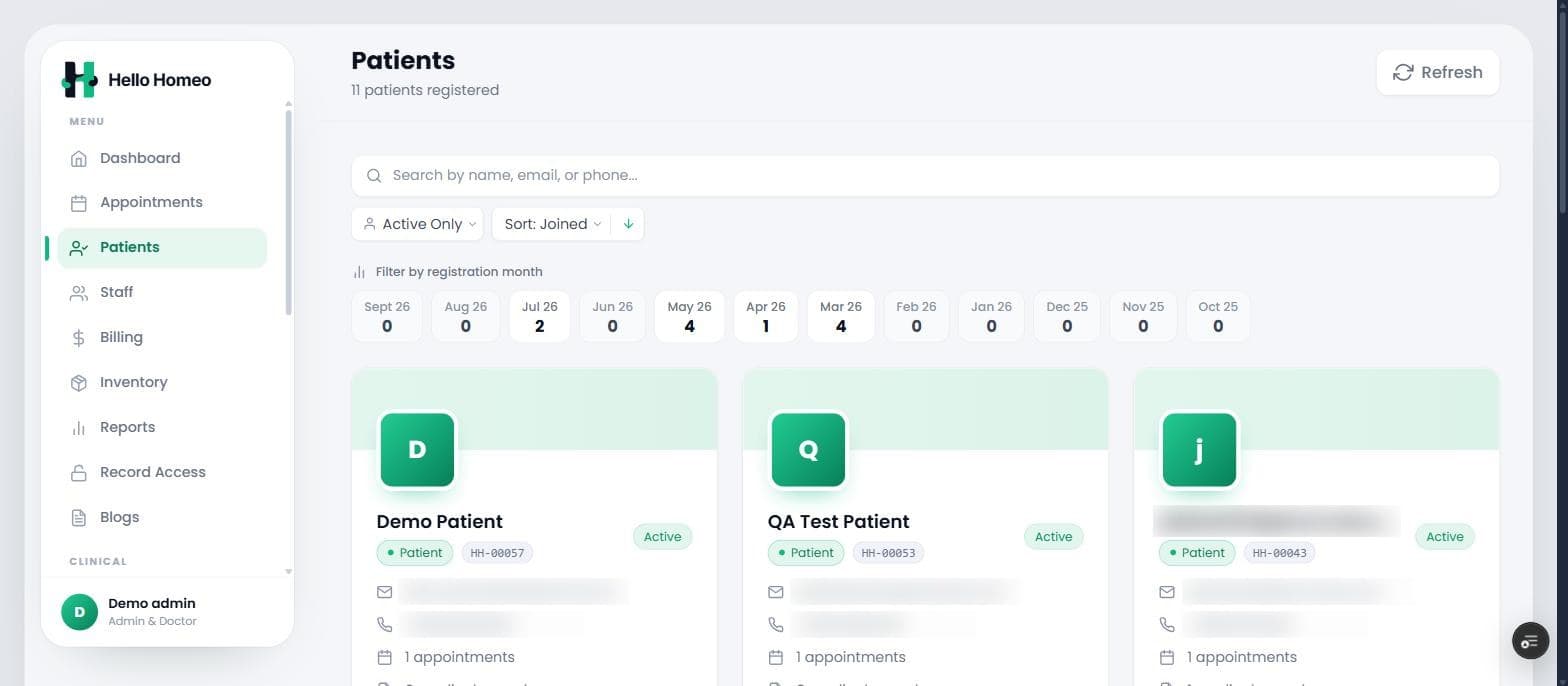 HelloHomeo Patients screen - The whole register, filterable by month of registration.