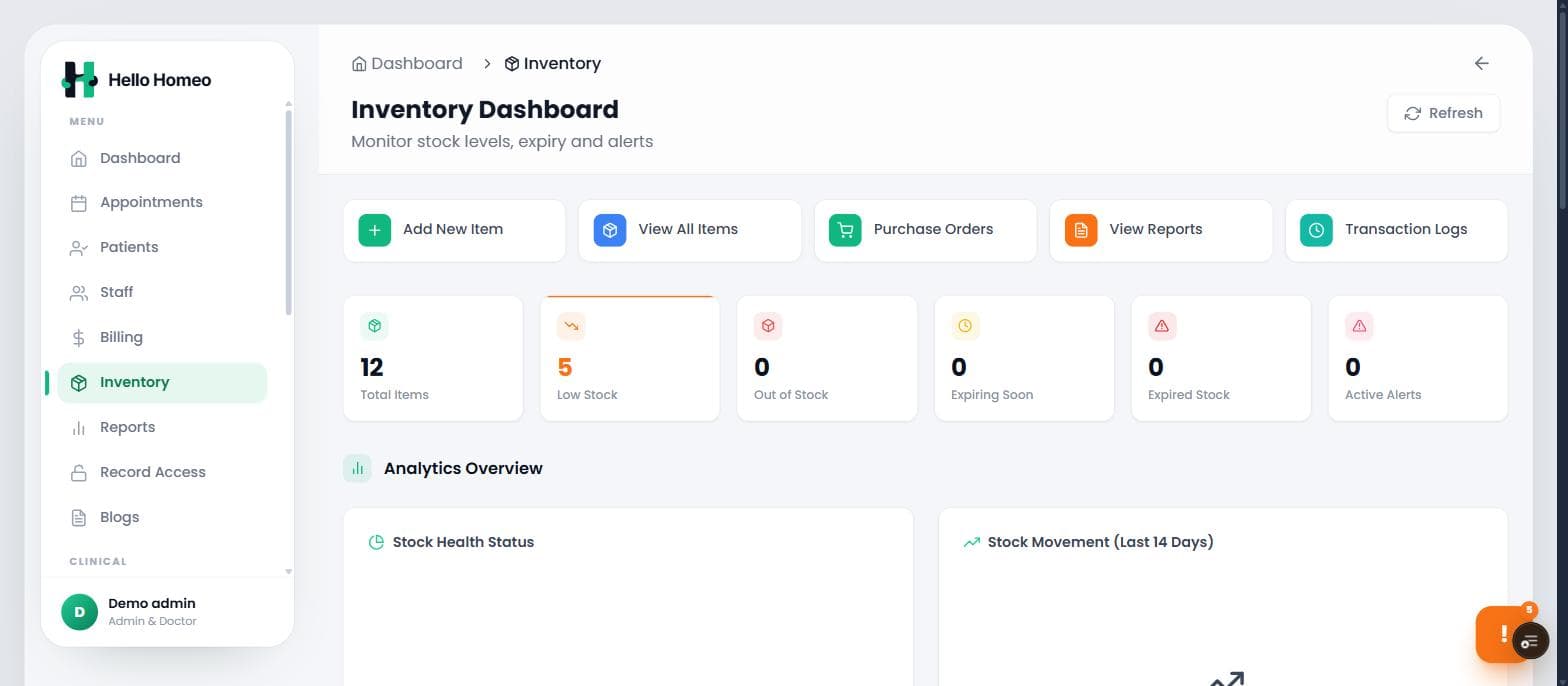 HelloHomeo Inventory screen - Stock health, expiry and reorder alerts across the dispensary.