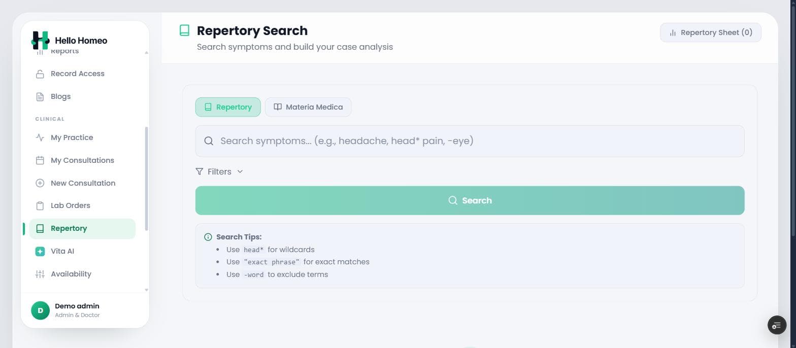 HelloHomeo Repertory screen - Search rubrics and materia medica without leaving the case.