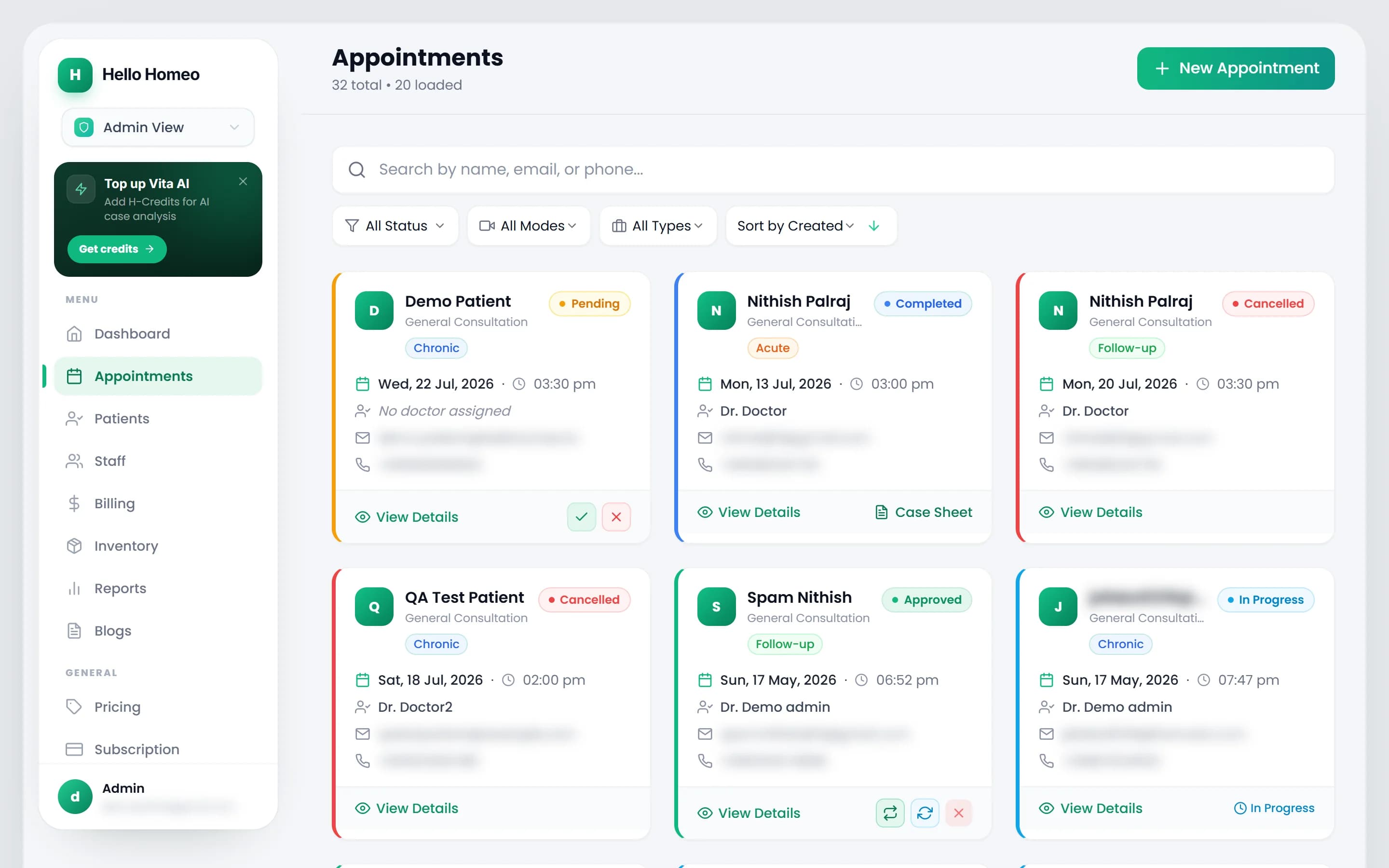 The admin Appointments screen with filter chips and appointment cards