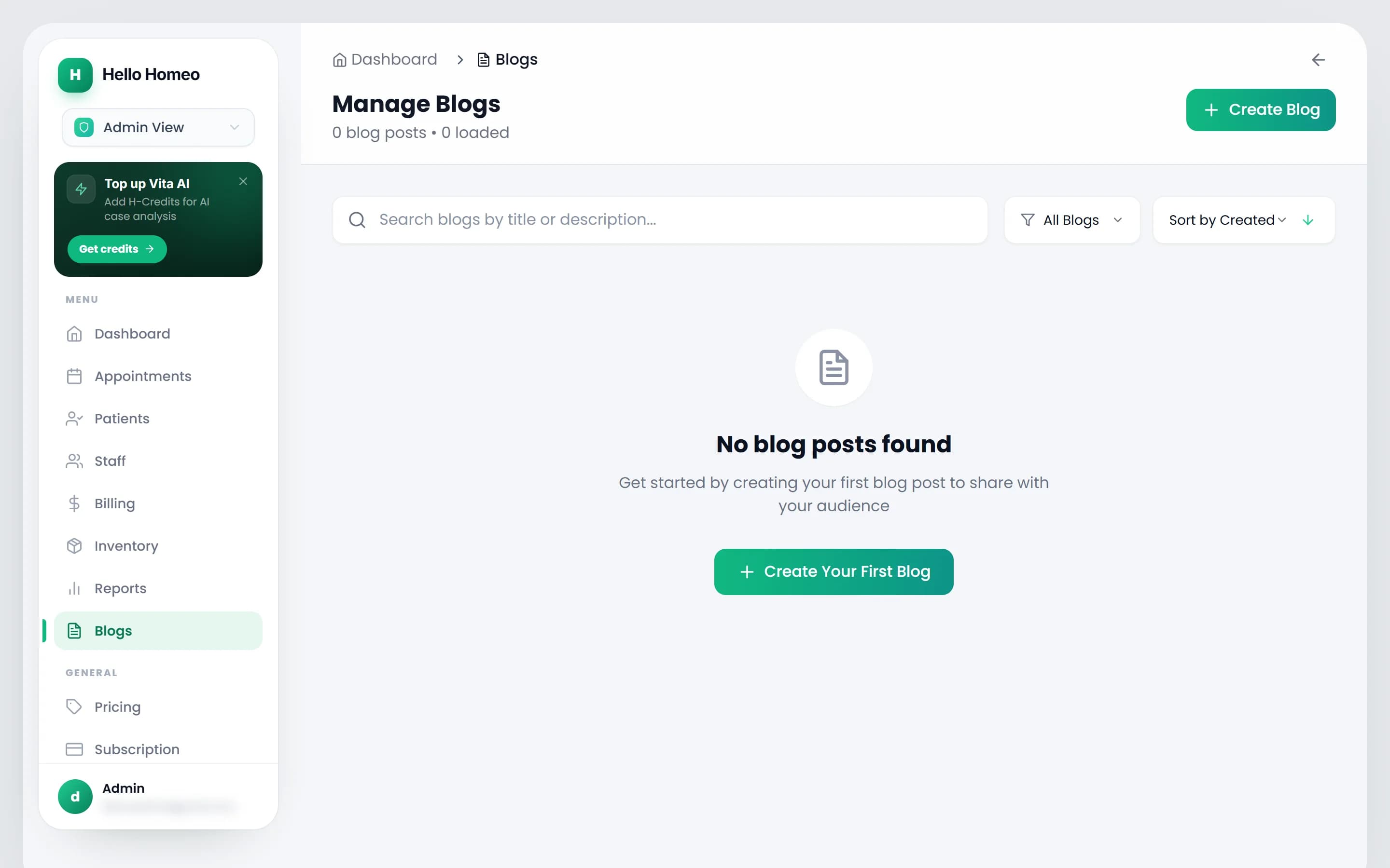 The Manage Blogs screen with a grid of blog post cards, a search box, and status and sort filters