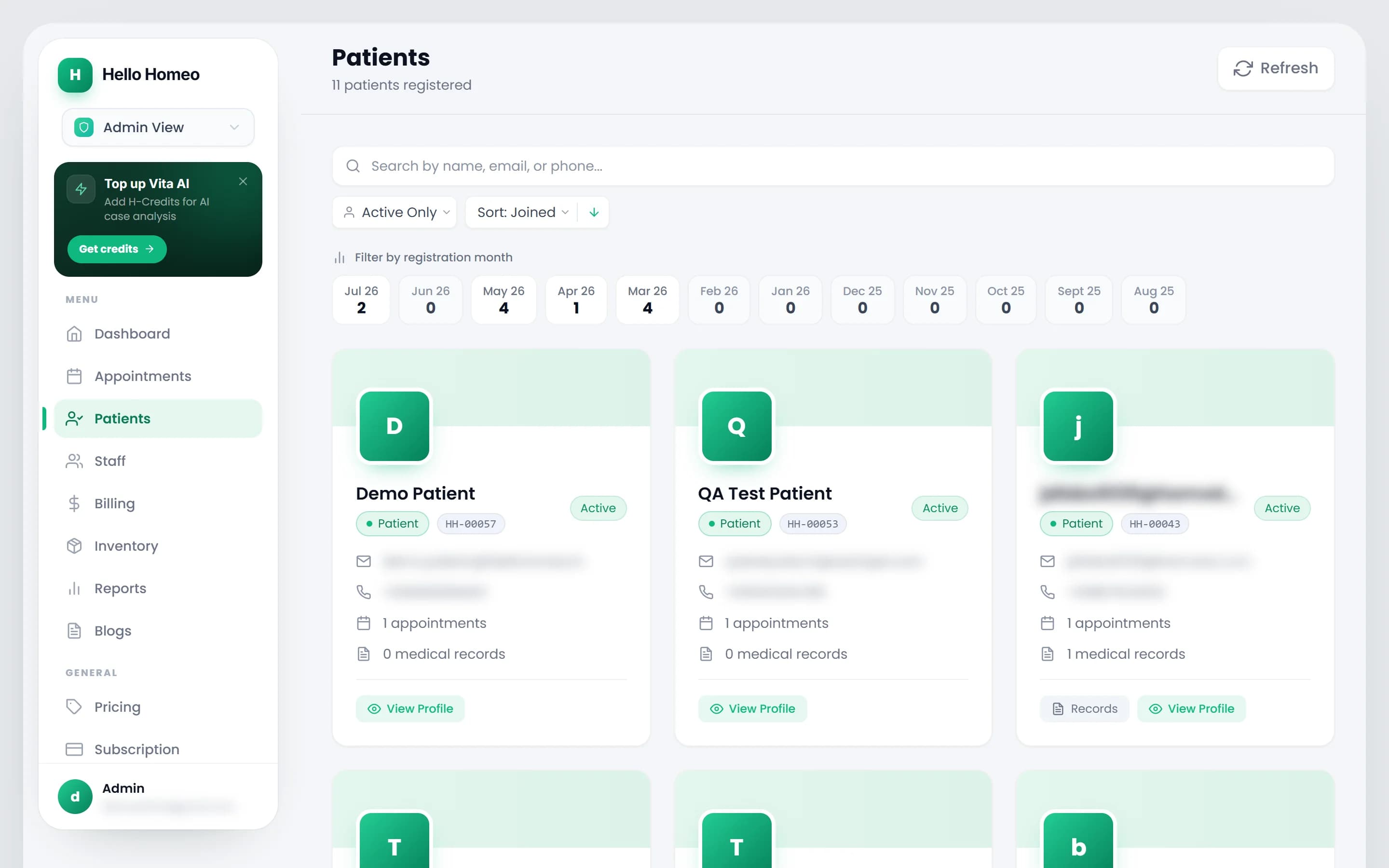 The admin Patients screen: search box, filter chips, a strip of monthly registration tiles and a grid of patient cards