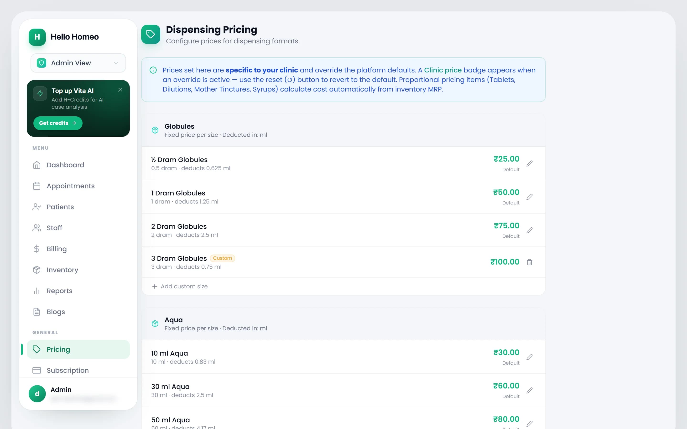 The Dispensing Pricing page showing formats, sizes and clinic price overrides