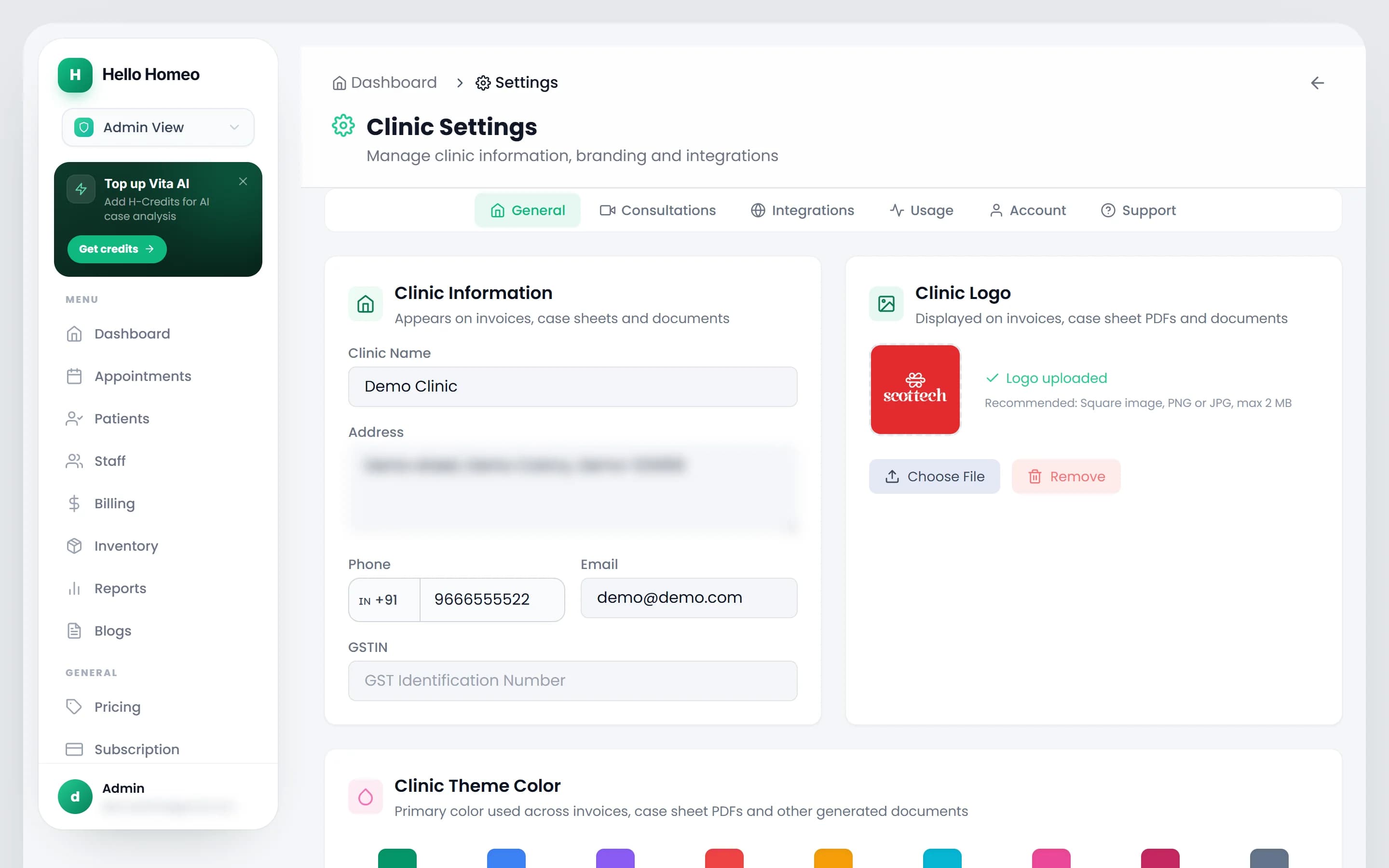 Clinic Settings on the General tab with clinic information, the logo uploader and the theme colour picker