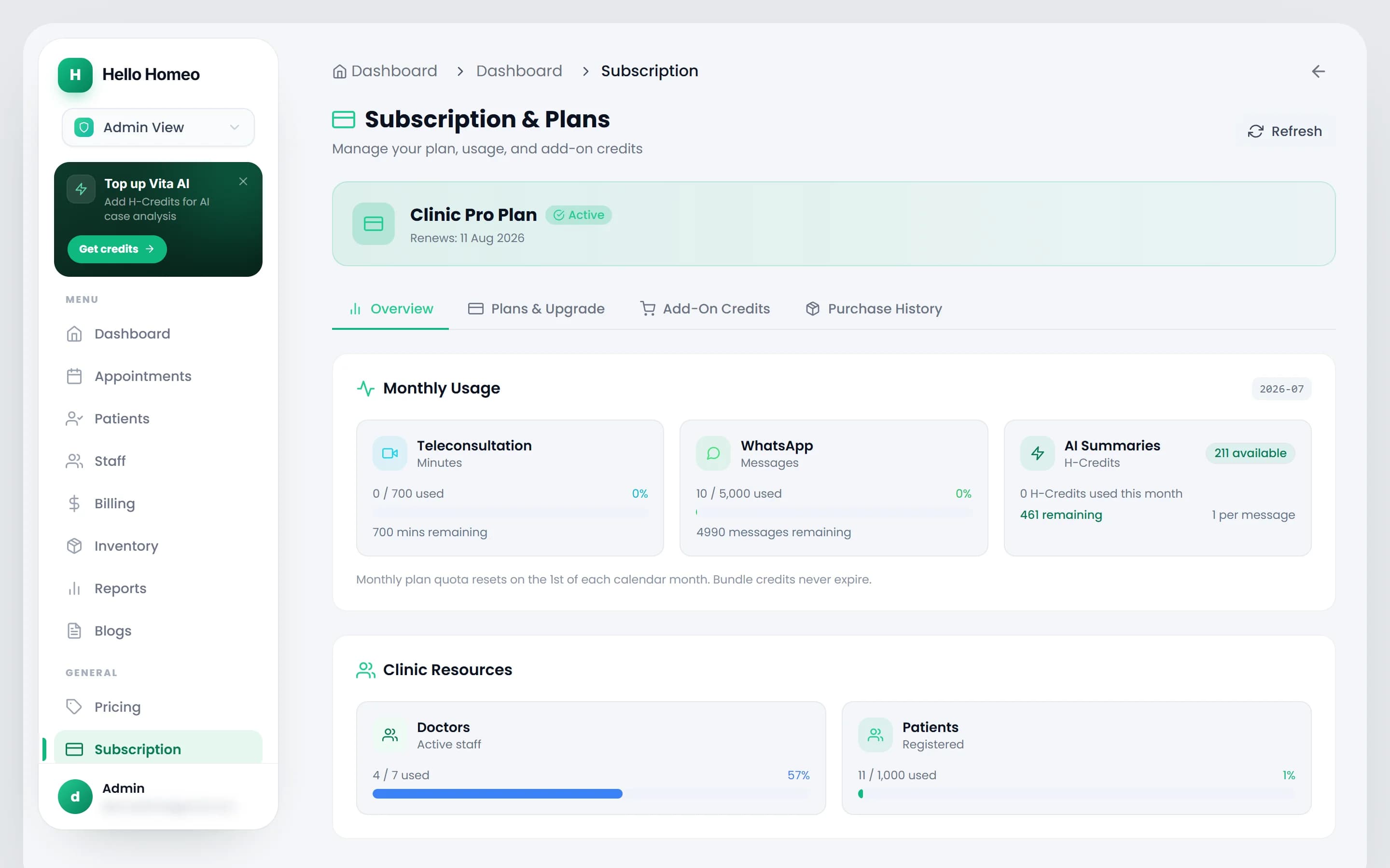 The admin Subscription and Plans screen