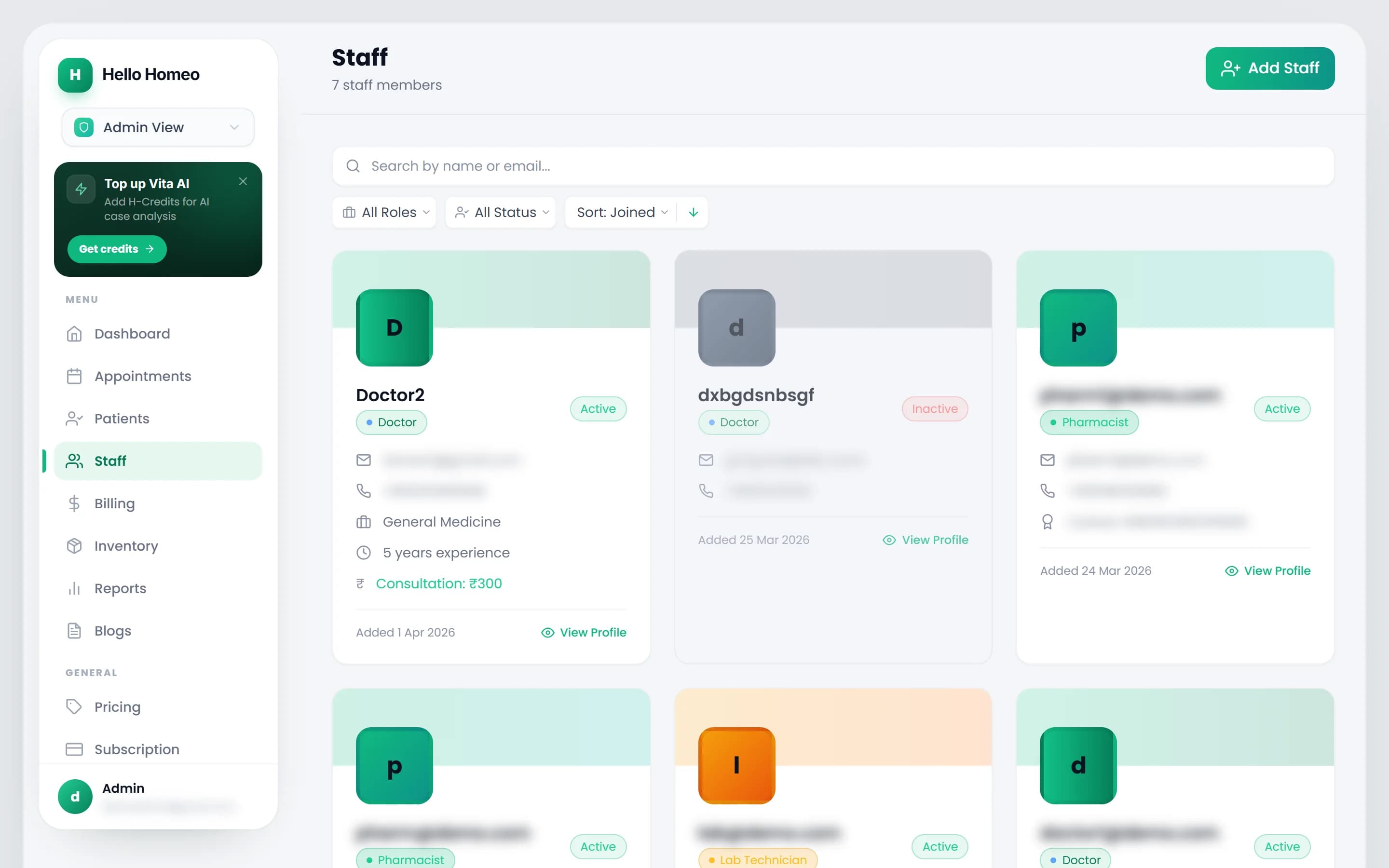 The Staff page listing staff members with role and status filter chips