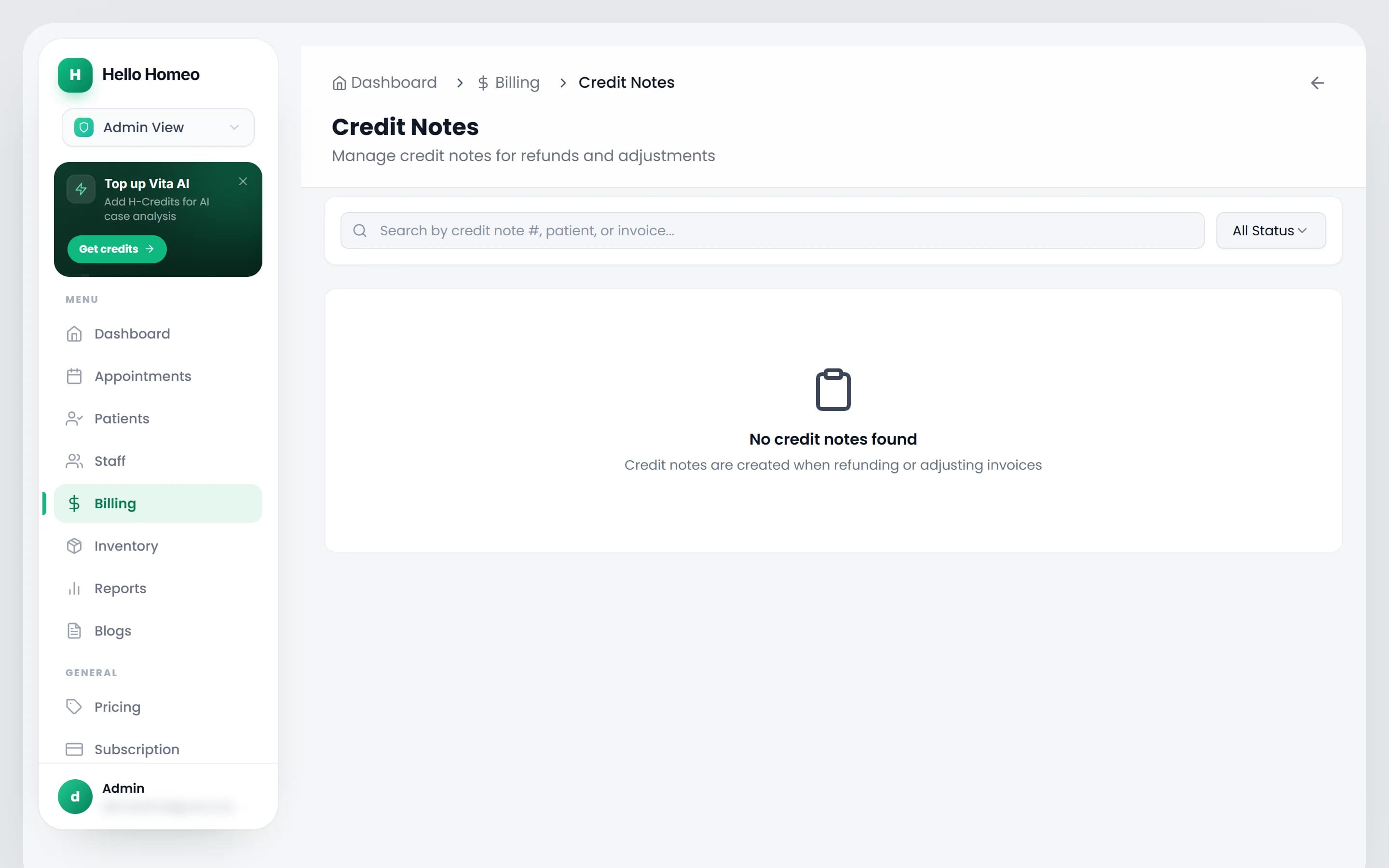 The Credit Notes register with its search box and status filter