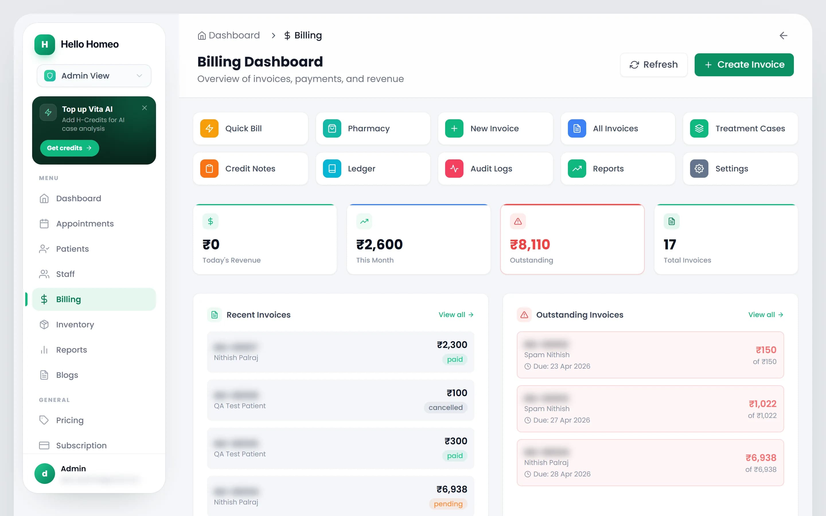 The Billing Dashboard with revenue stat cards and quick-action tiles