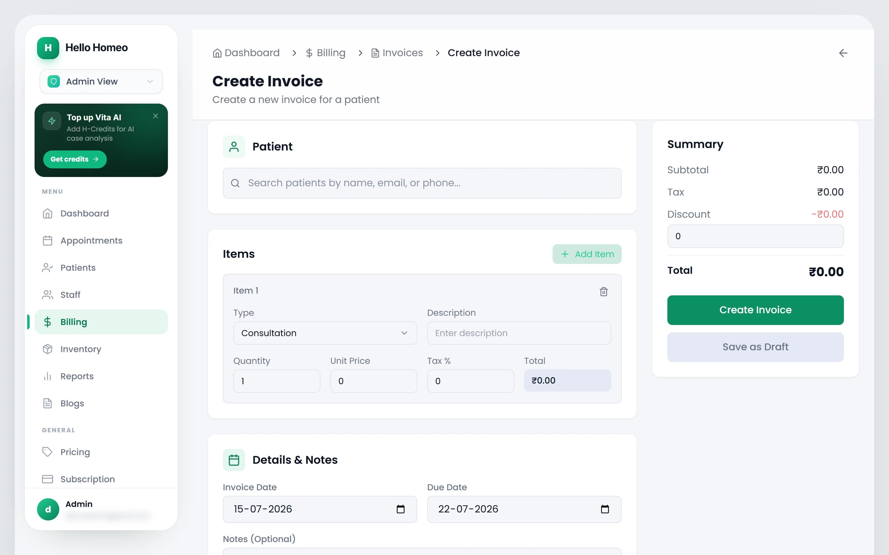 The Create Invoice screen with the patient card, item rows and the summary panel