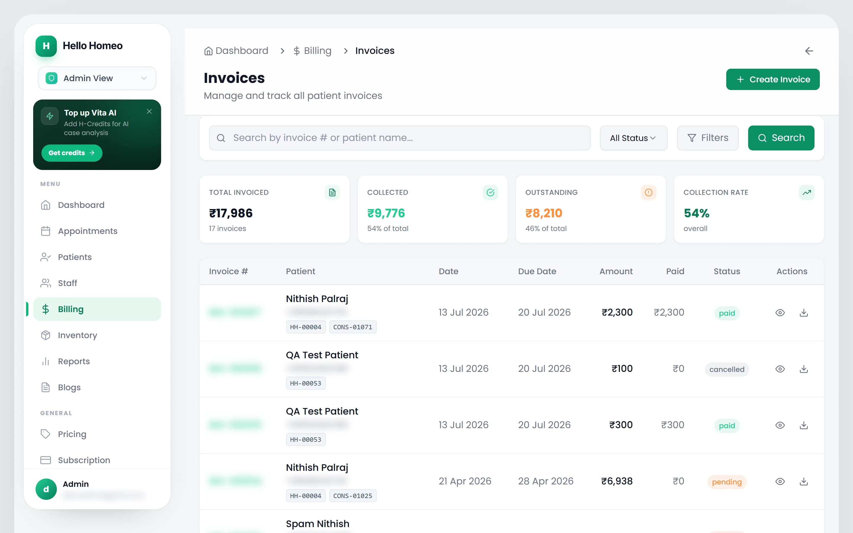 The Invoices list with the status filter and the summary cards