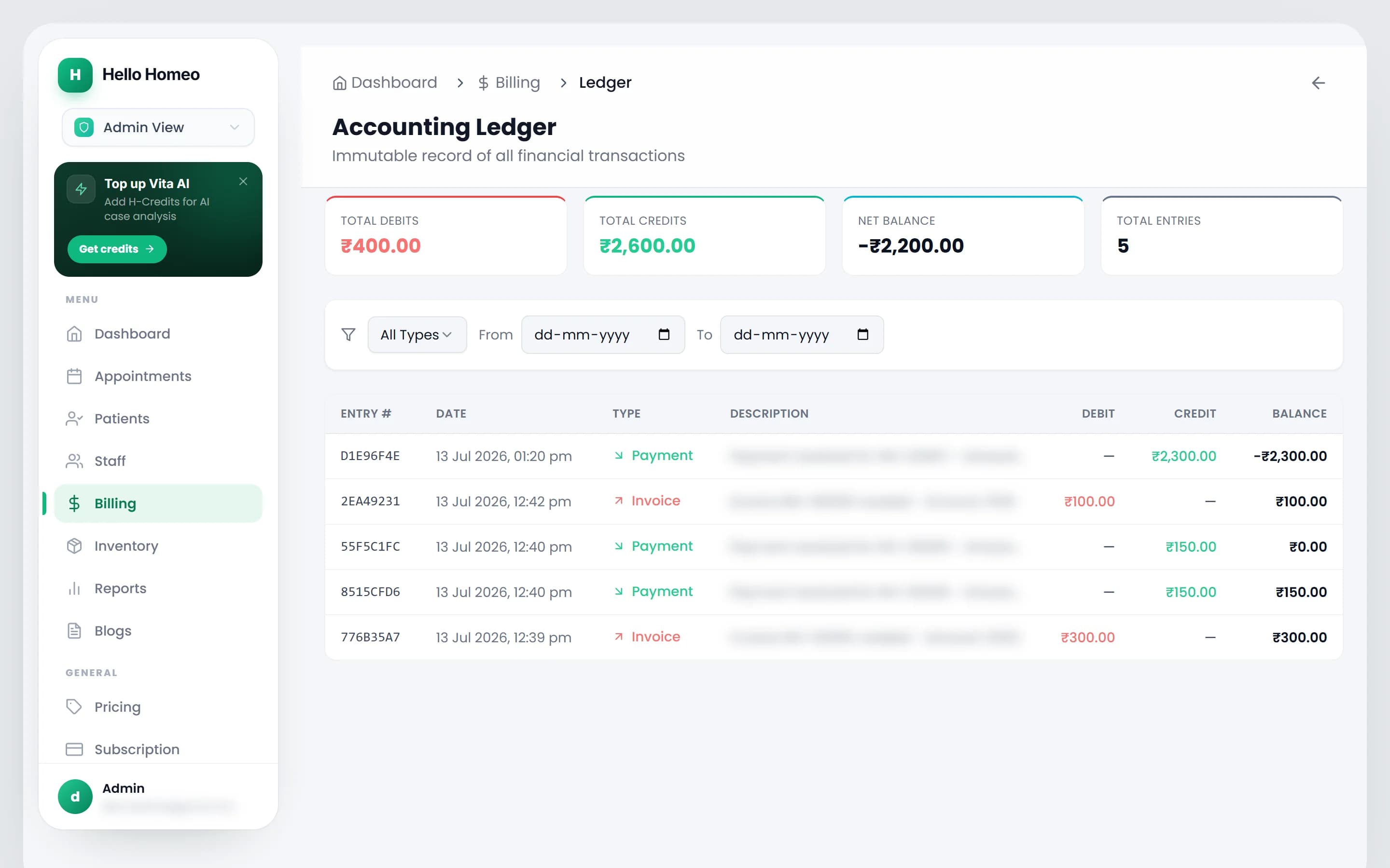 The Accounting Ledger with Total Debits, Total Credits, Net Balance and Total Entries cards above the entry table