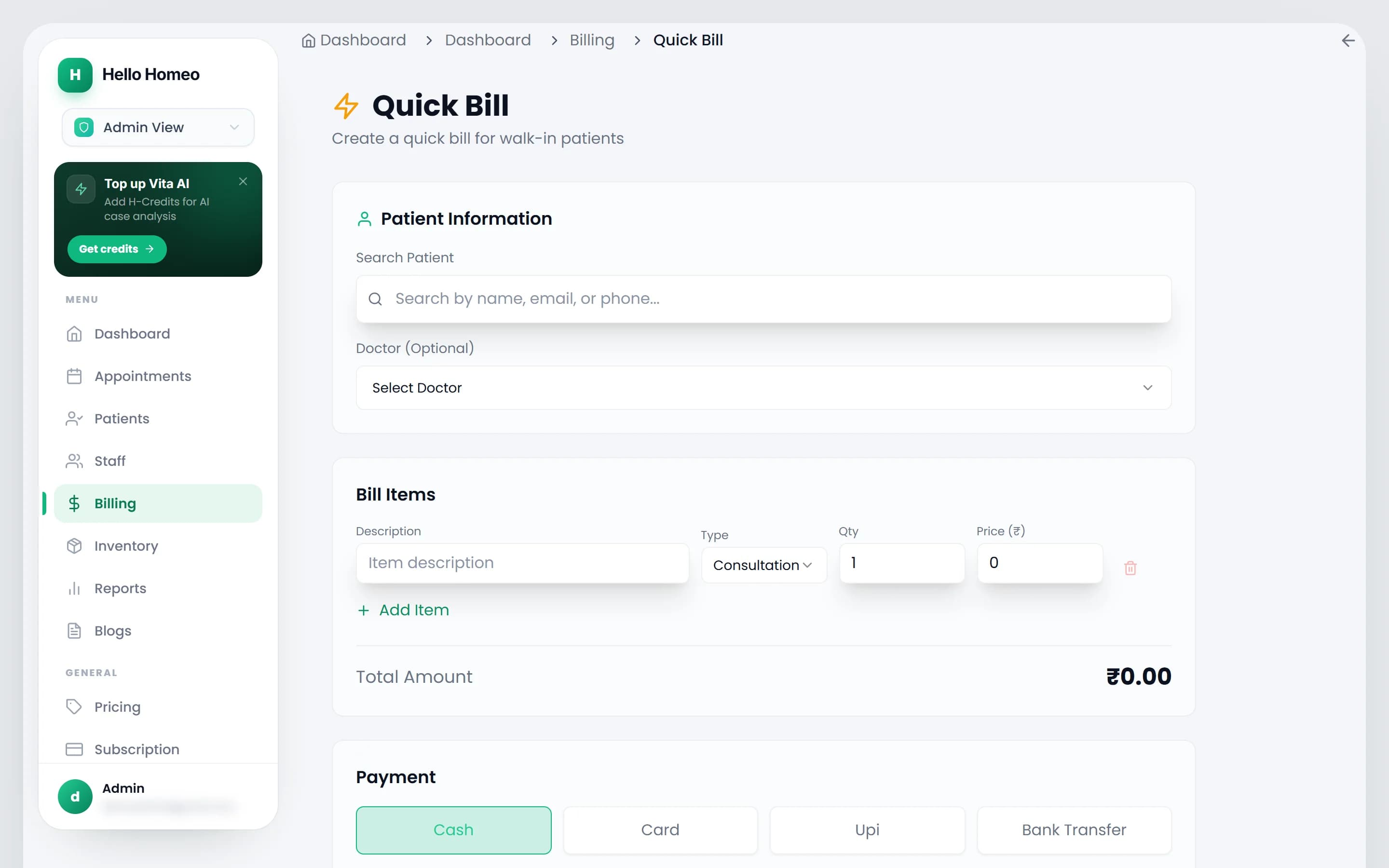 The Quick Bill screen with a patient selected, bill items and payment method tiles