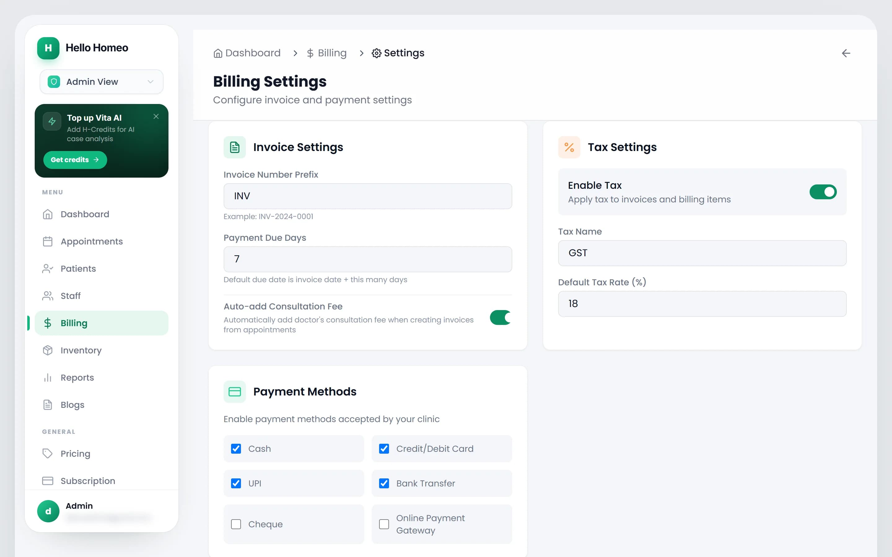 The Billing Settings screen with invoice, tax, and payment-method cards