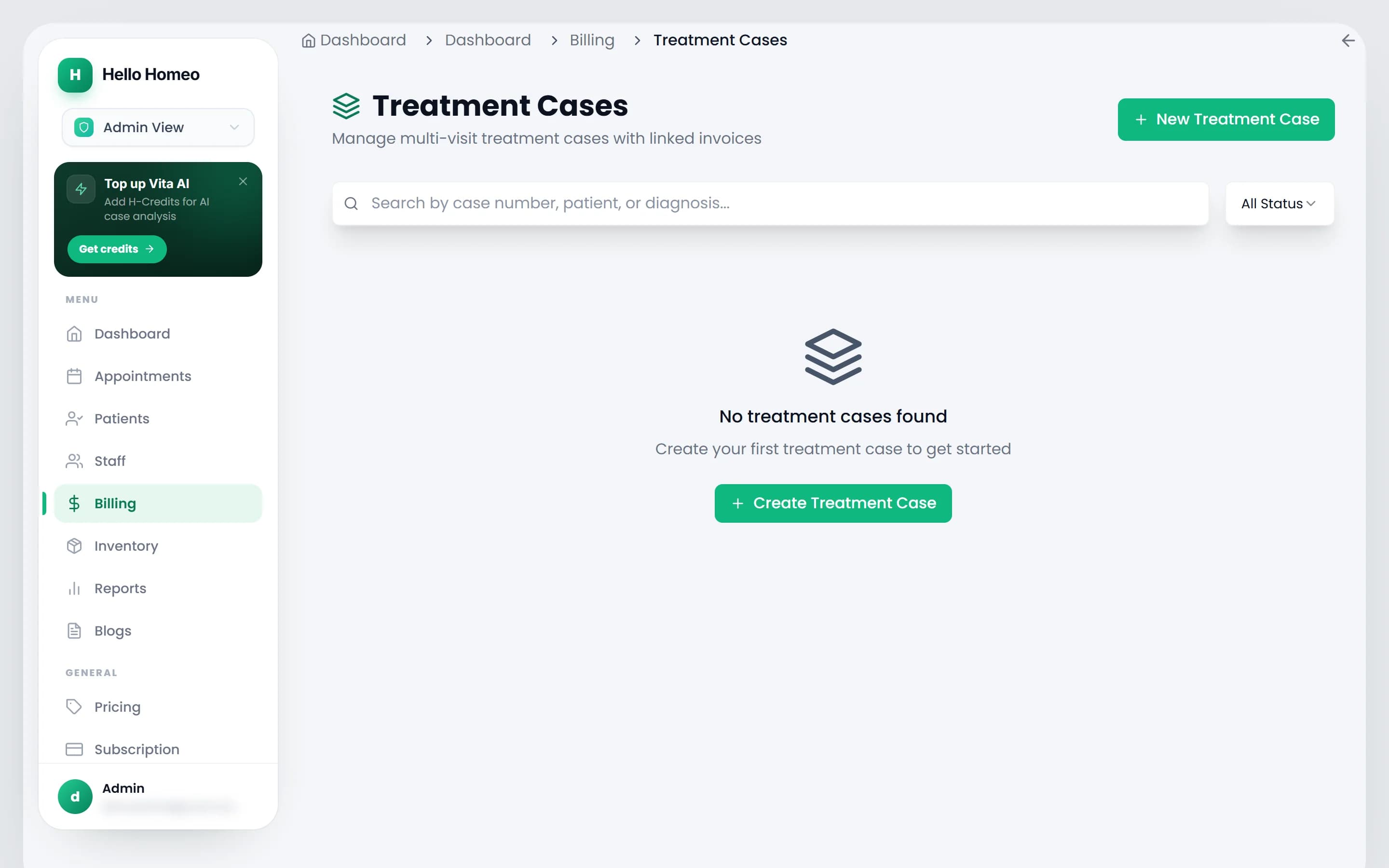 The Treatment Cases screen with the search box, status filter and the New Treatment Case button