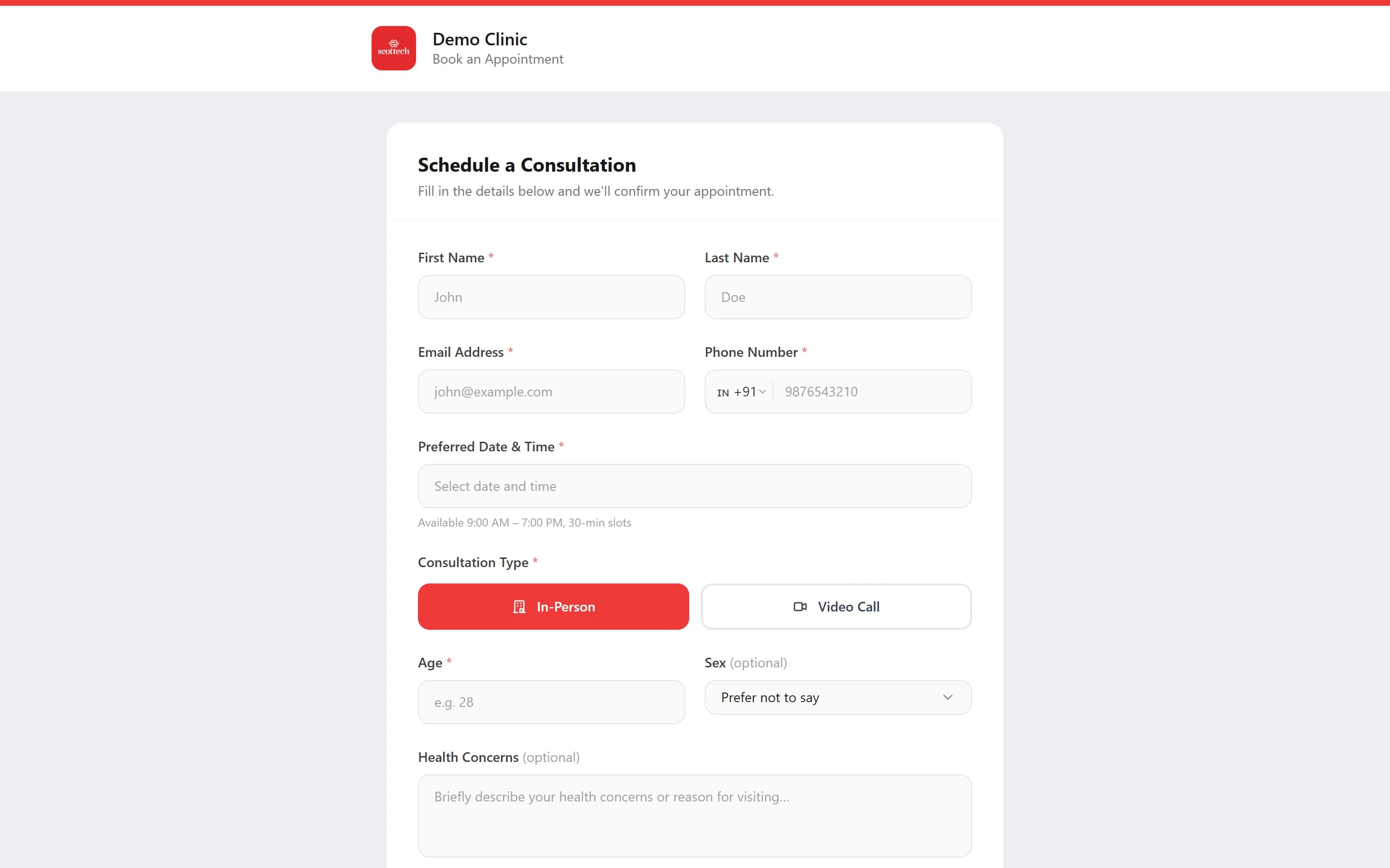 The public booking form with name, email, phone, preferred date and time, and the In-Person and Video Call options