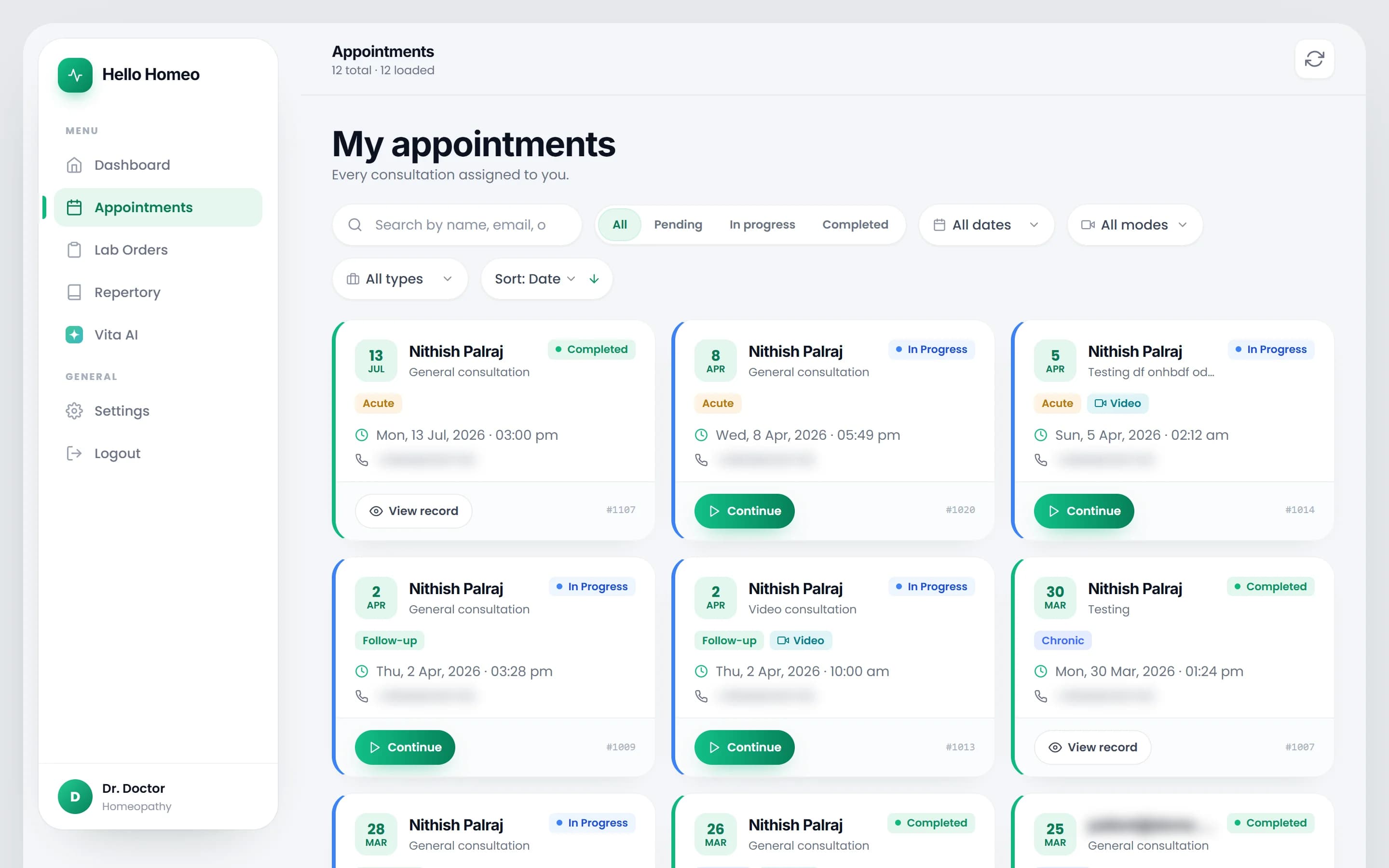 The doctor's appointment list with the search box, status pills and appointment cards