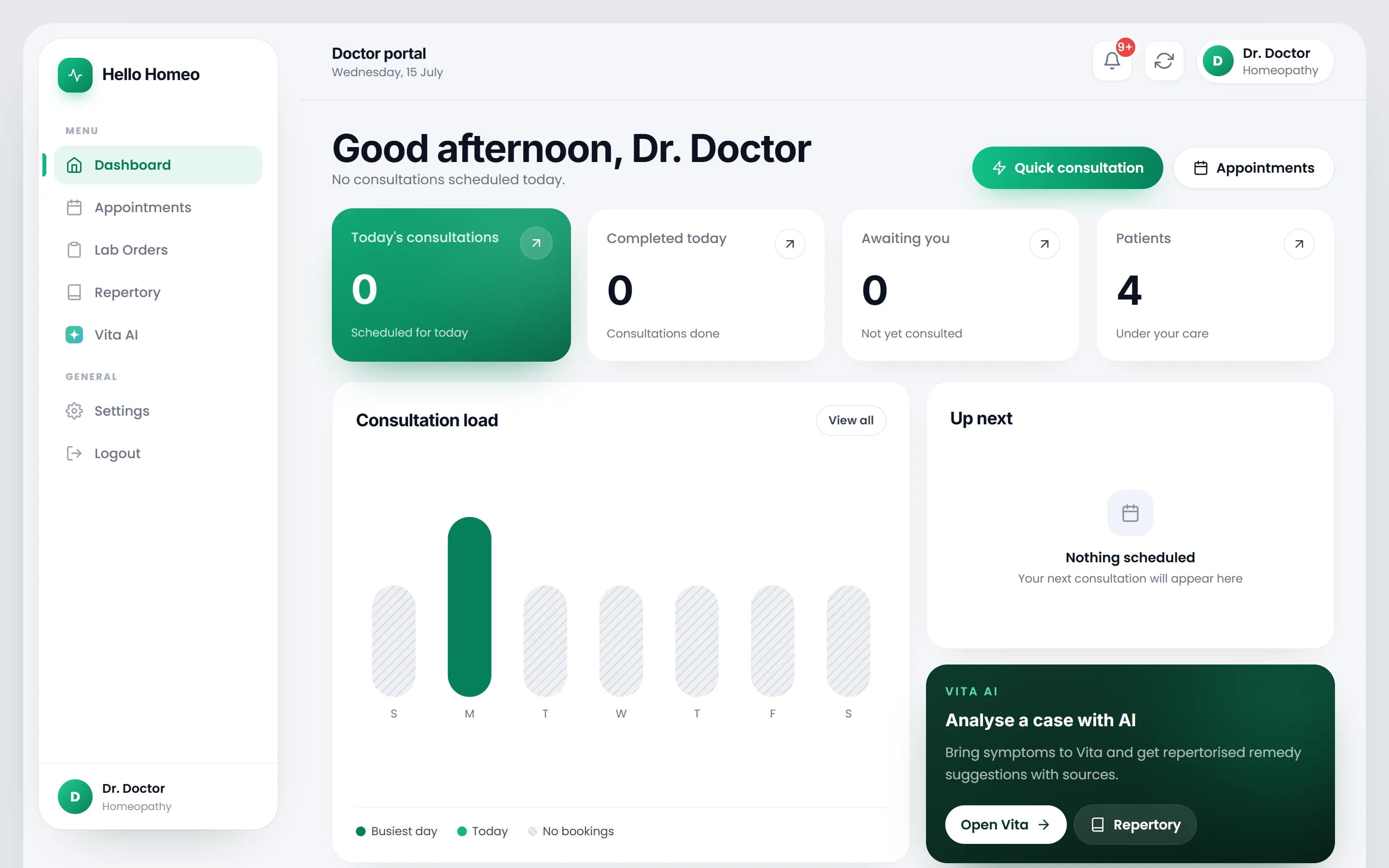 The Hello Homeo doctor dashboard showing stat cards, Up next, today's schedule and the day-progress gauge