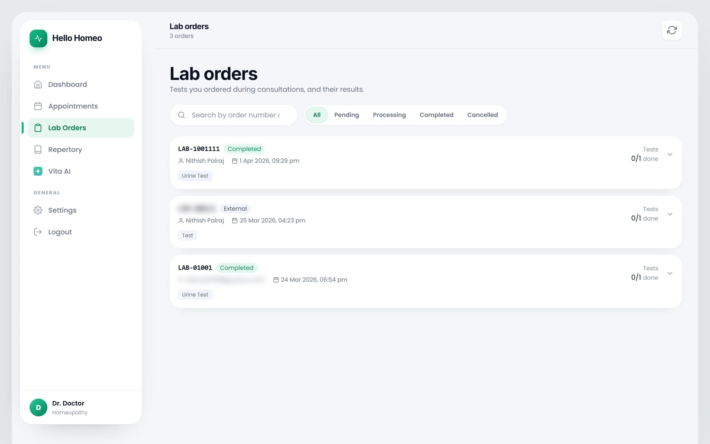 The doctor's Lab orders page with status filter pills and order cards