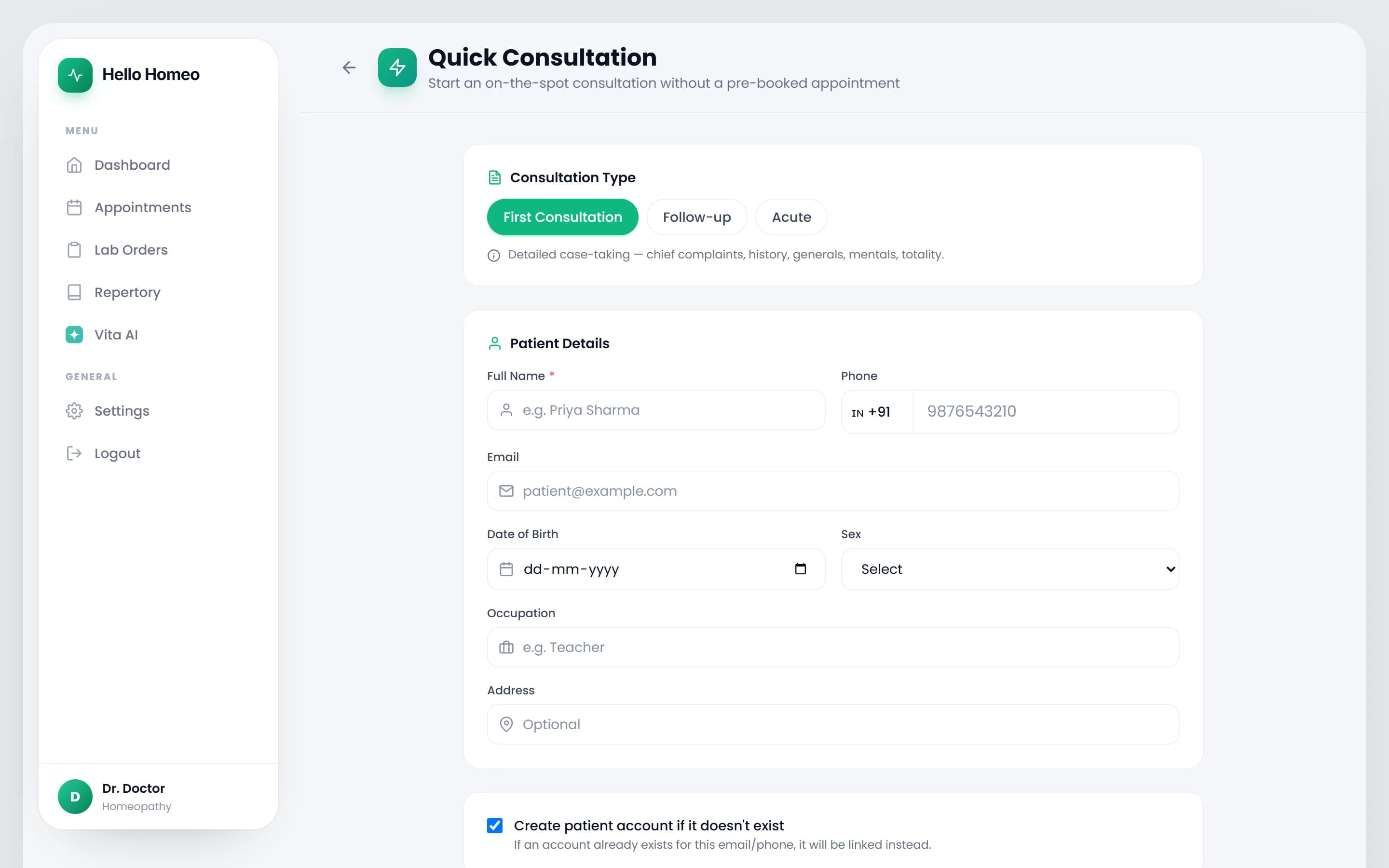 The Quick Consultation form with the consultation-type chips and the patient details fields