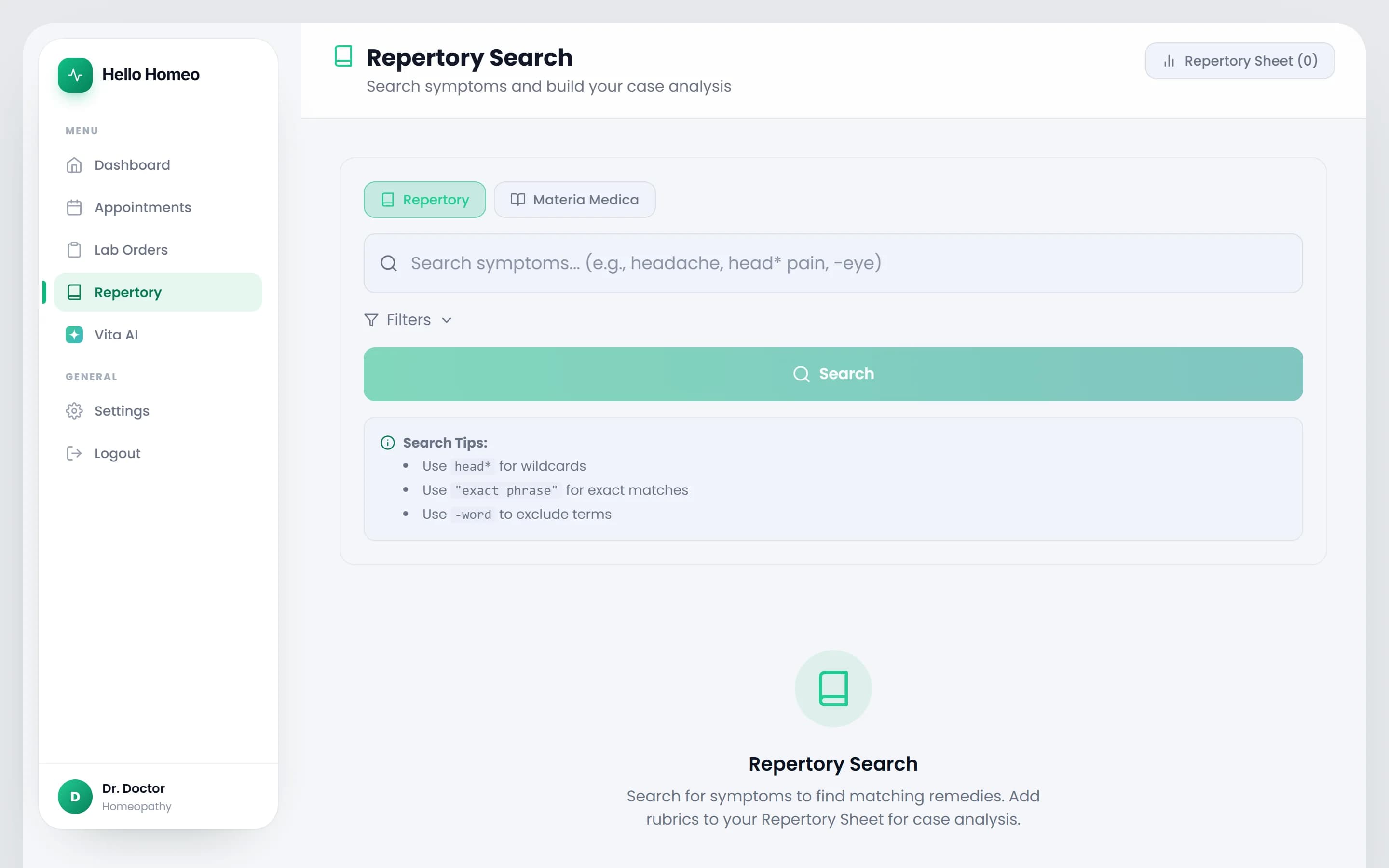 The Repertory Search page with the mode tabs, search box and results