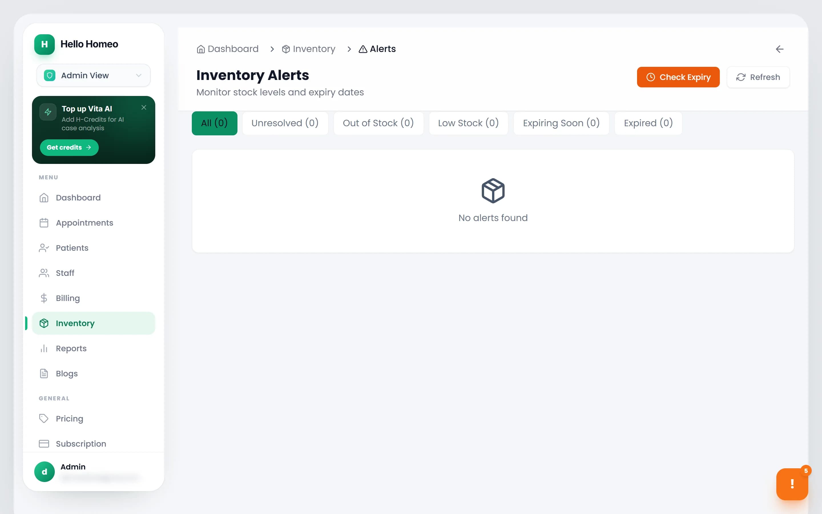 The Inventory Alerts page with filter tabs, alert cards and the orange Check Expiry button