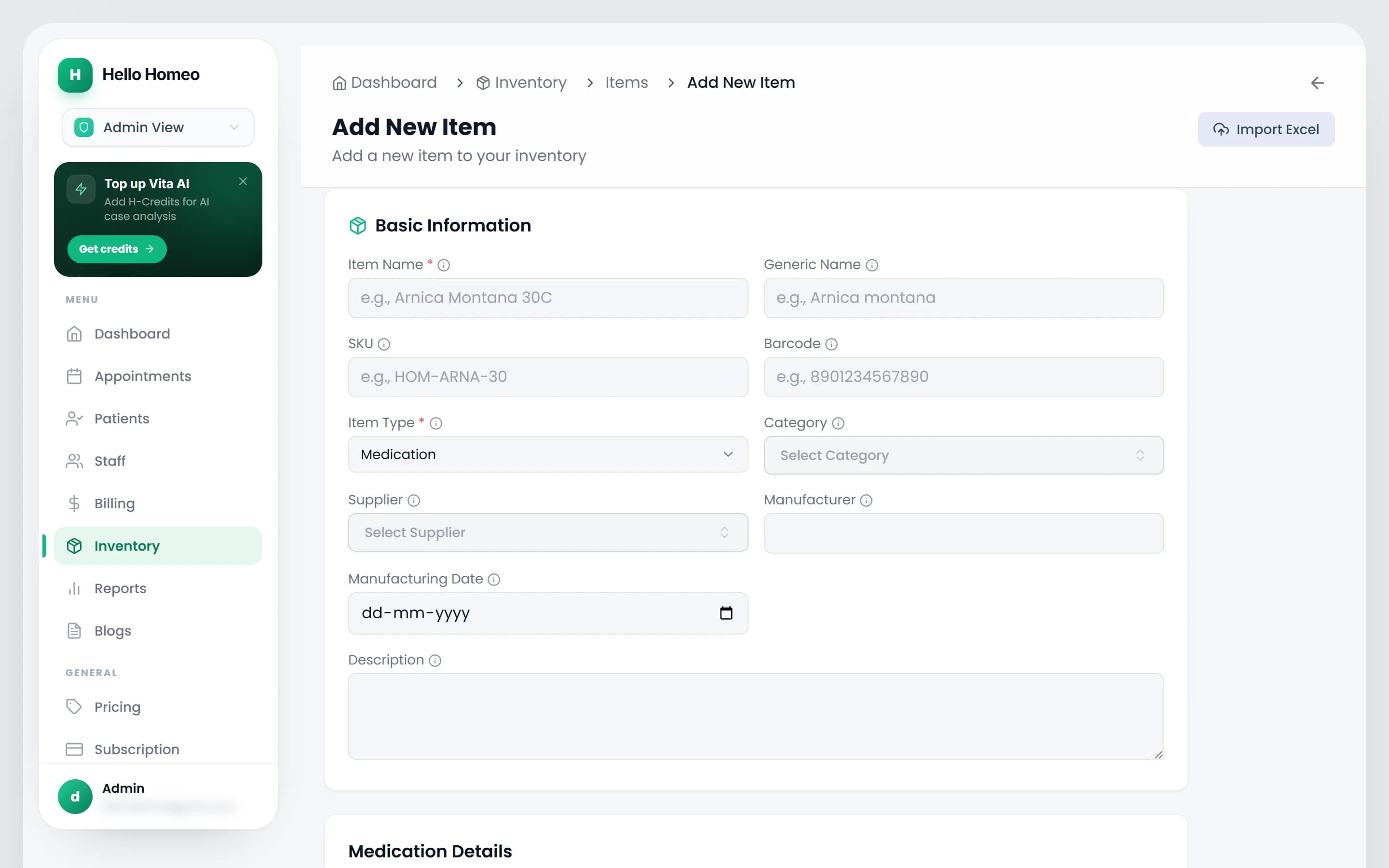The Add New Item form, showing Basic Information and Medication Details