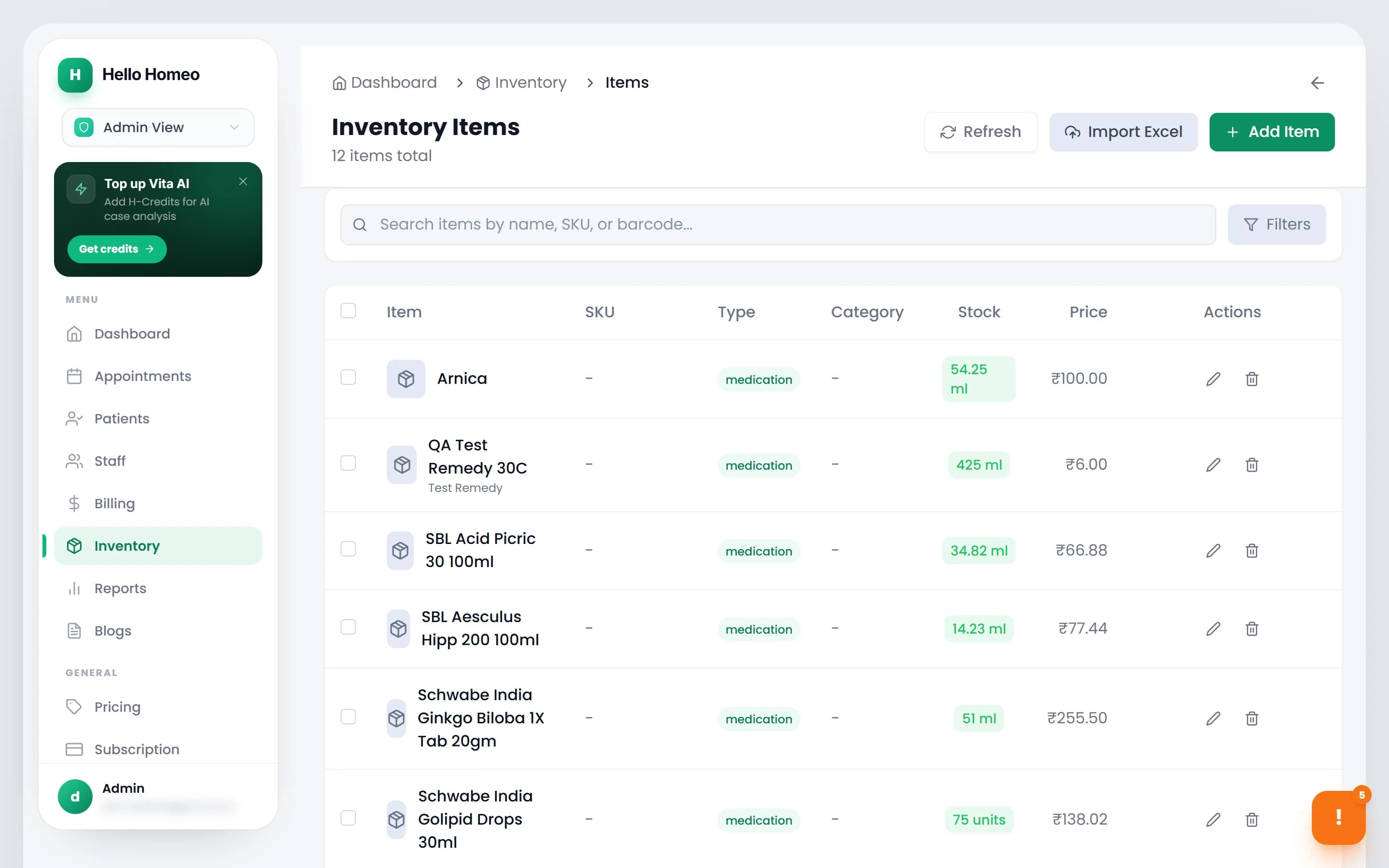 The Inventory Items list with the search box, filters and coloured stock badges