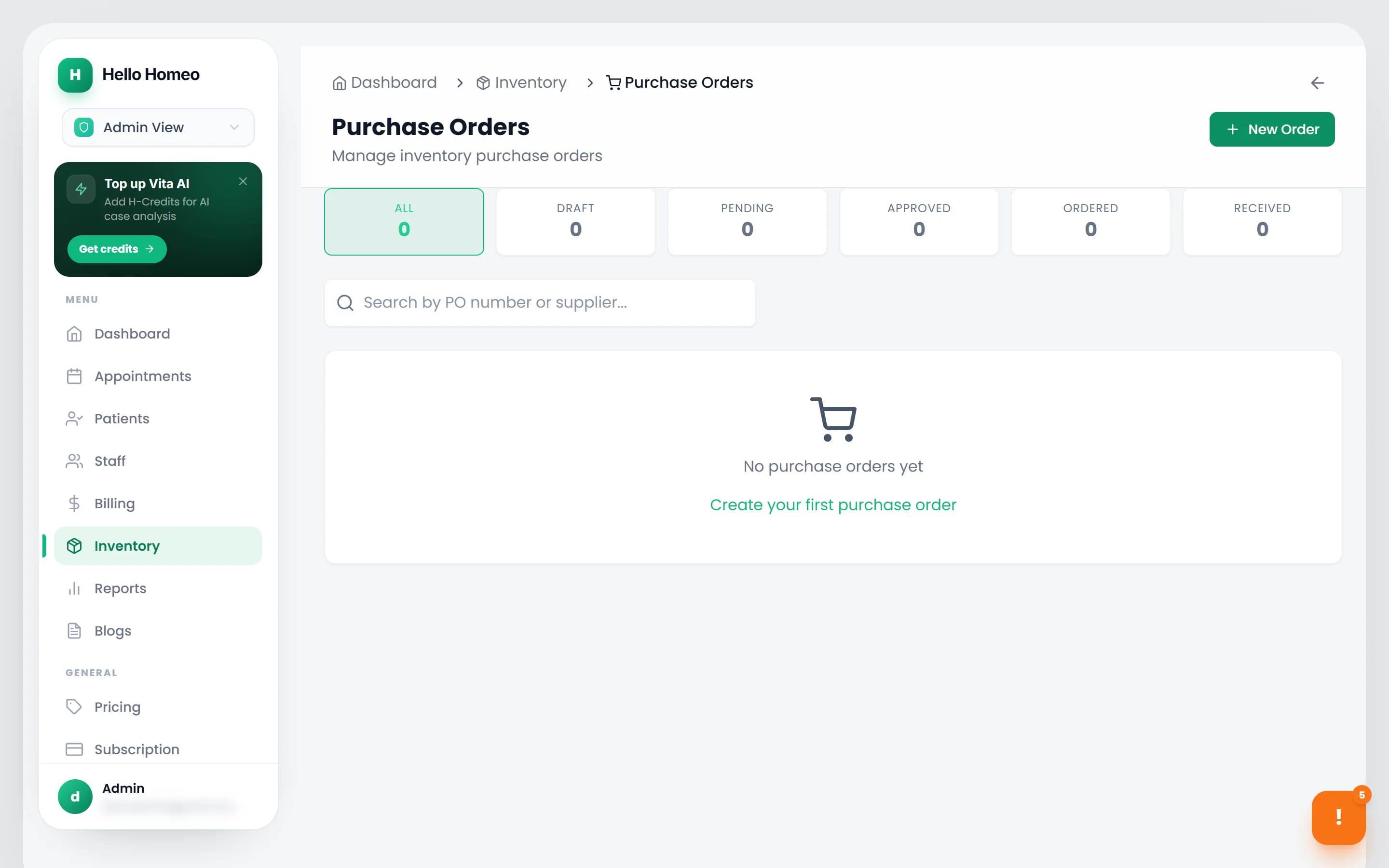 The Purchase Orders list with its status tiles and search box