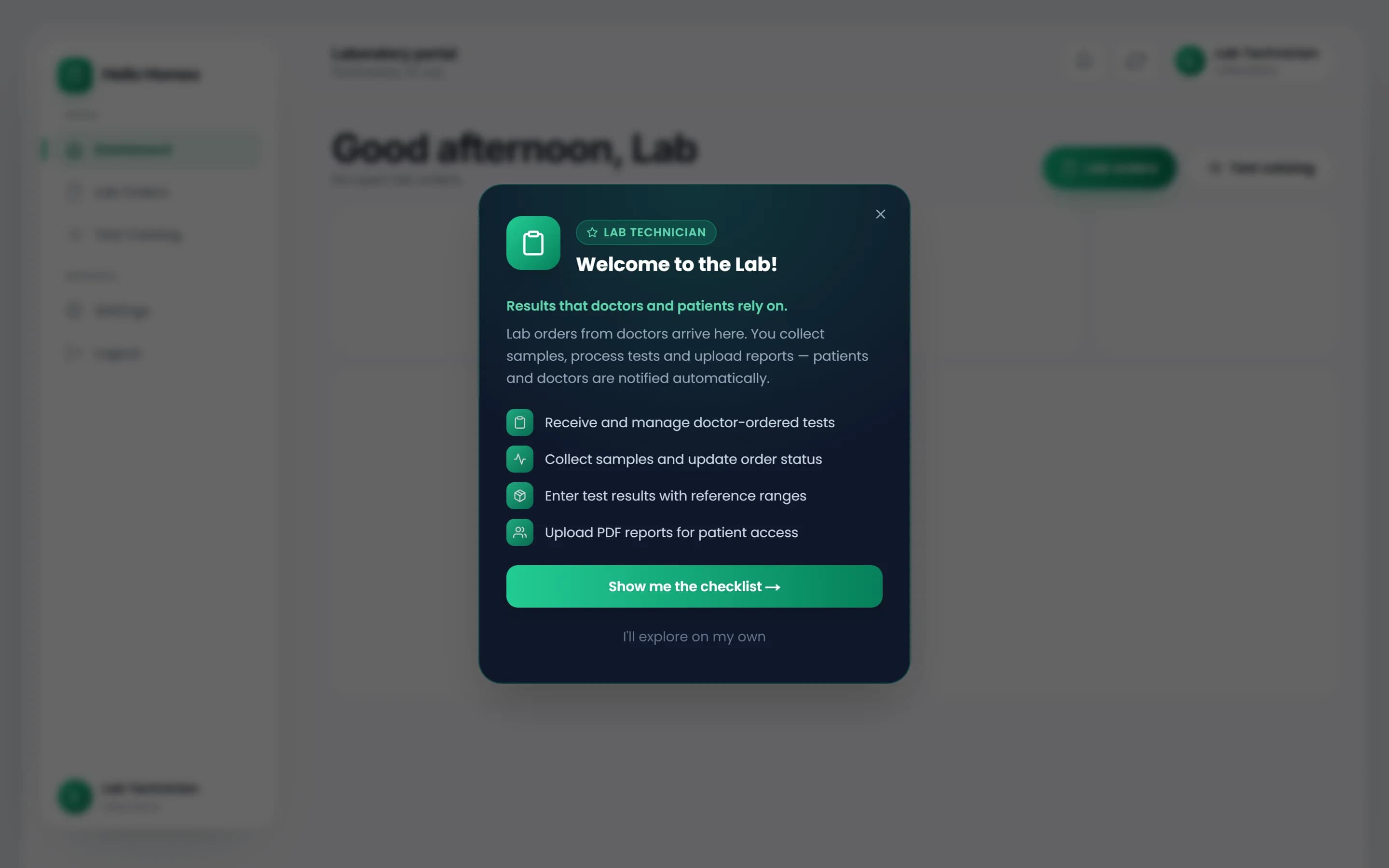 The laboratory portal dashboard with stat cards, the worklist and the specimen pipeline