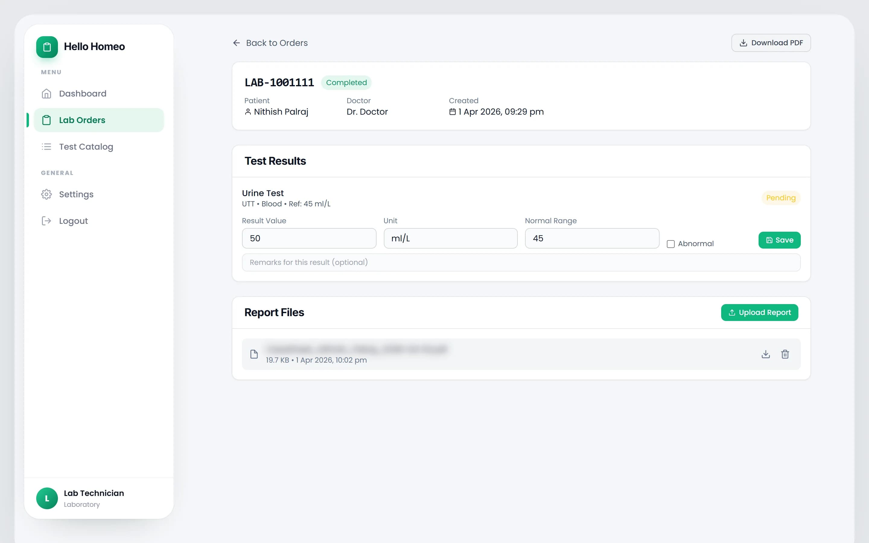 The lab order detail screen with the Test Results form and the Report Files panel