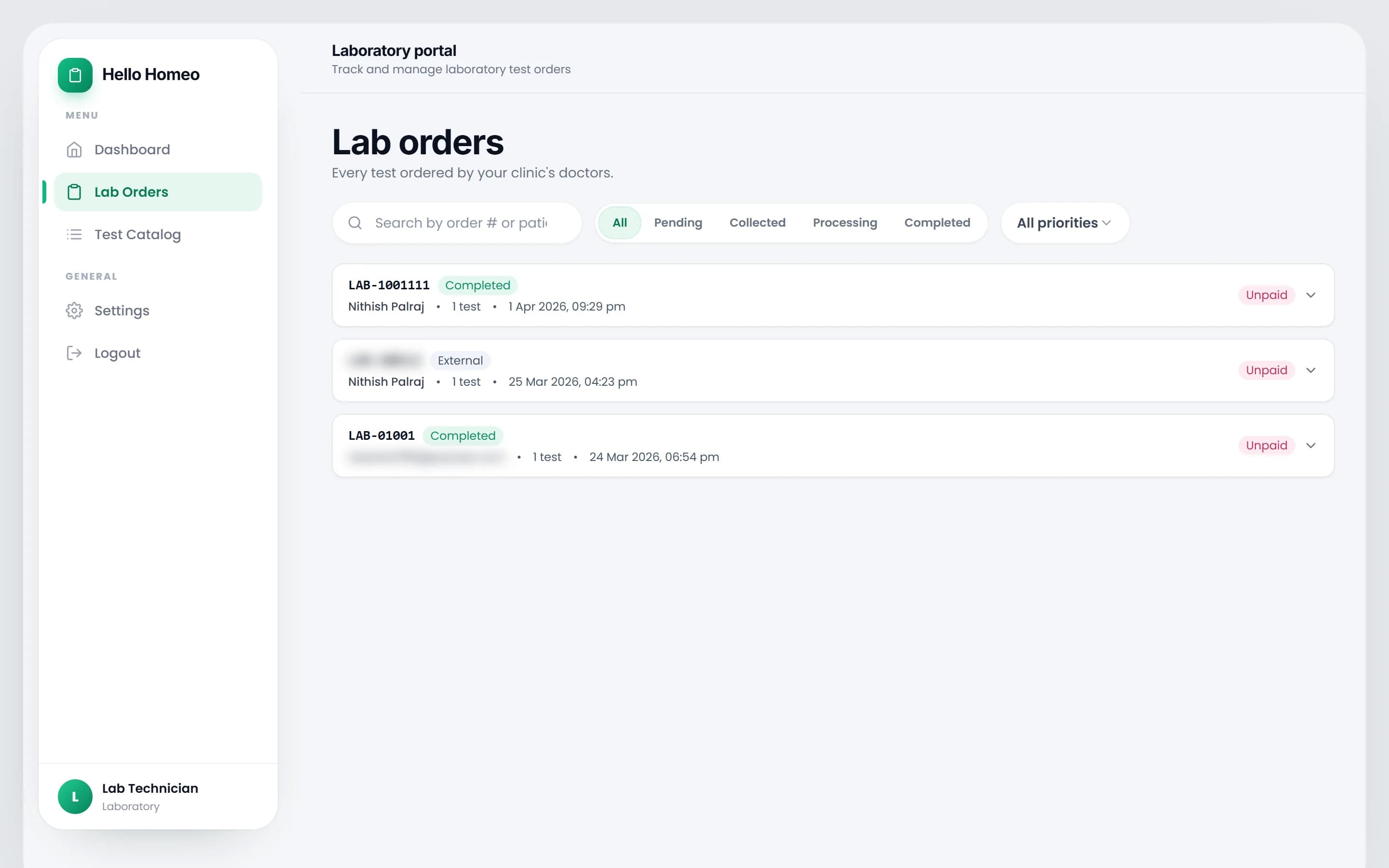 HelloHomeo Lab screen - Test orders tracked from collection through to result.