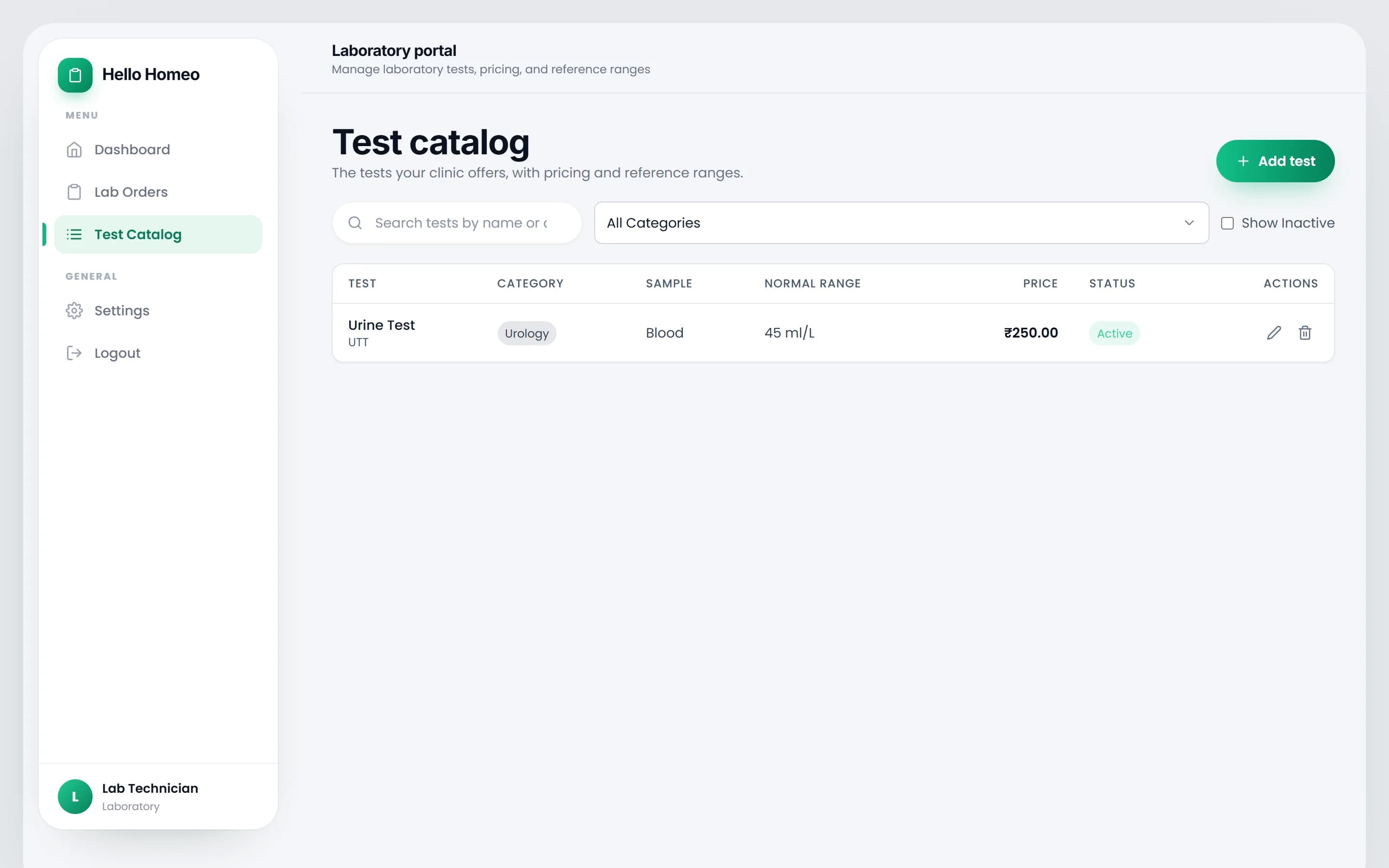 The Test catalog screen in the Laboratory portal, listing tests with category, sample, normal range, price and status