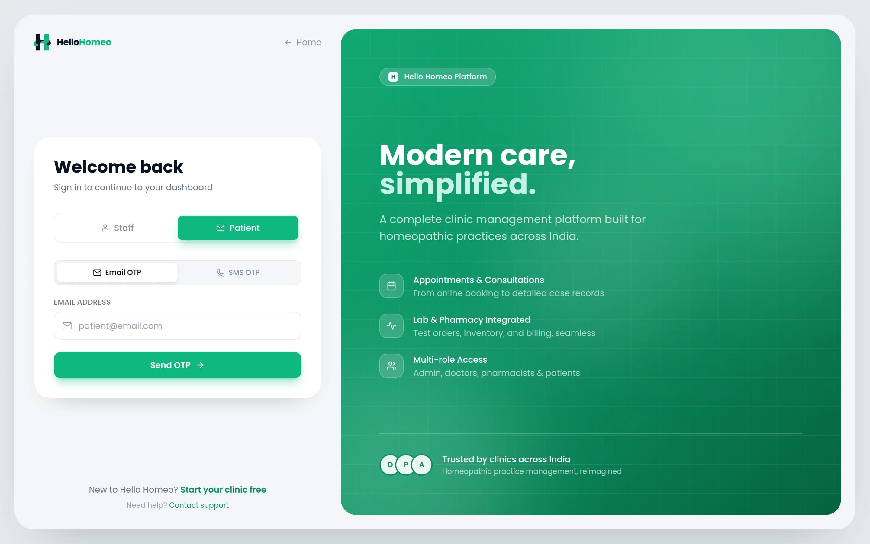 The Hello Homeo sign-in page with the Patient tab selected and the Email OTP / SMS OTP toggle