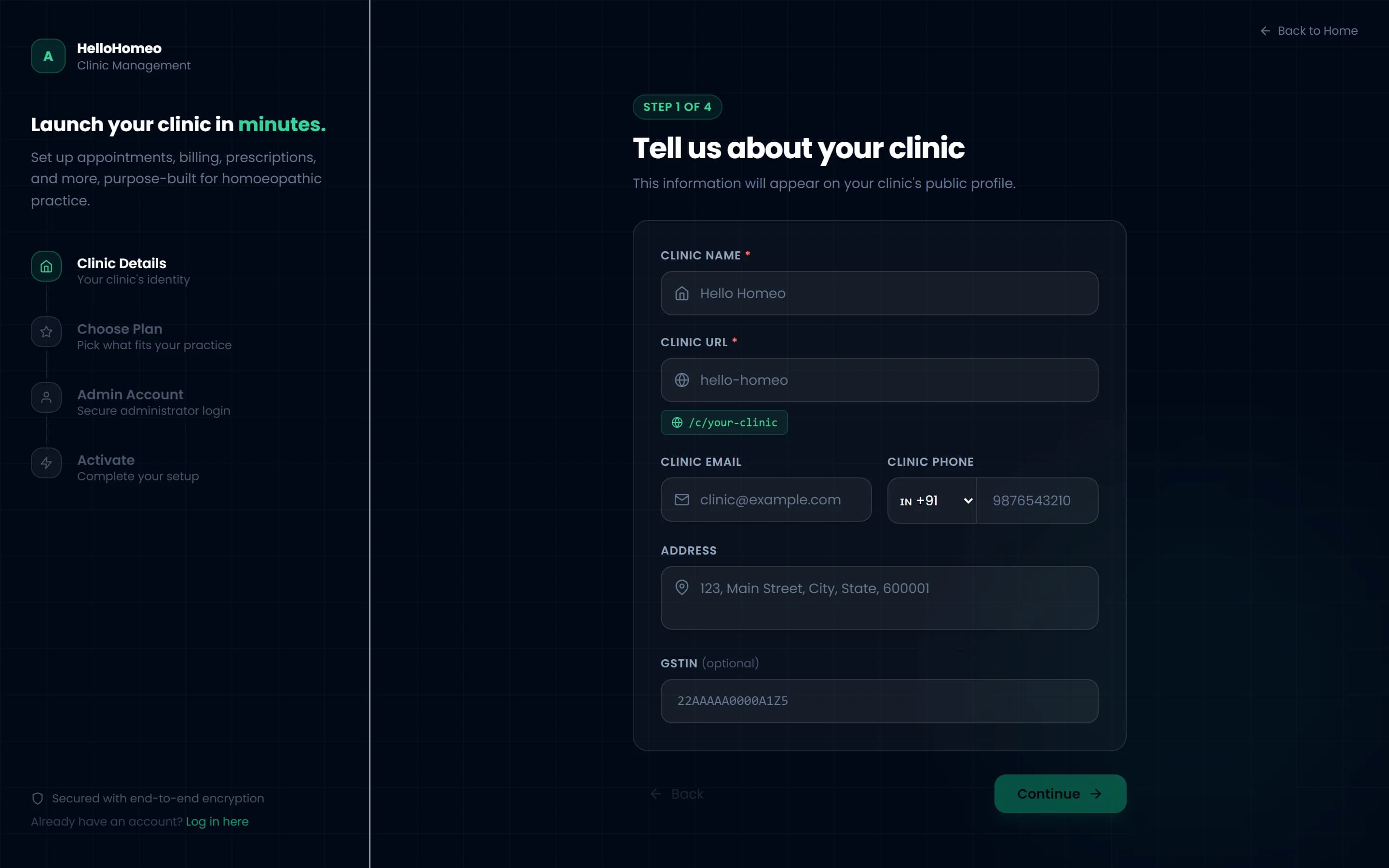 The Hello Homeo sign-up wizard, on step one: clinic details