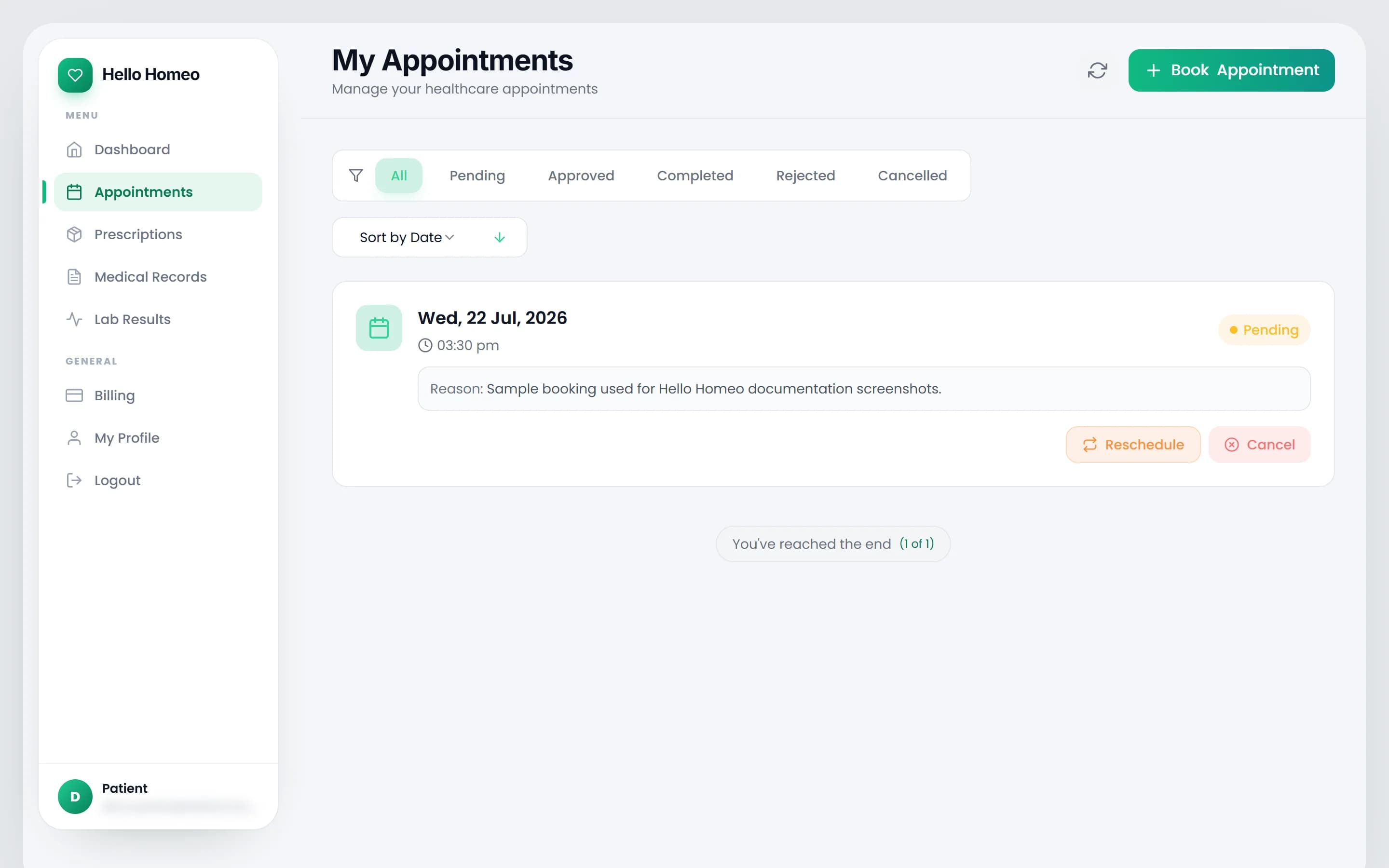 The My Appointments page with status filter pills and an appointment card