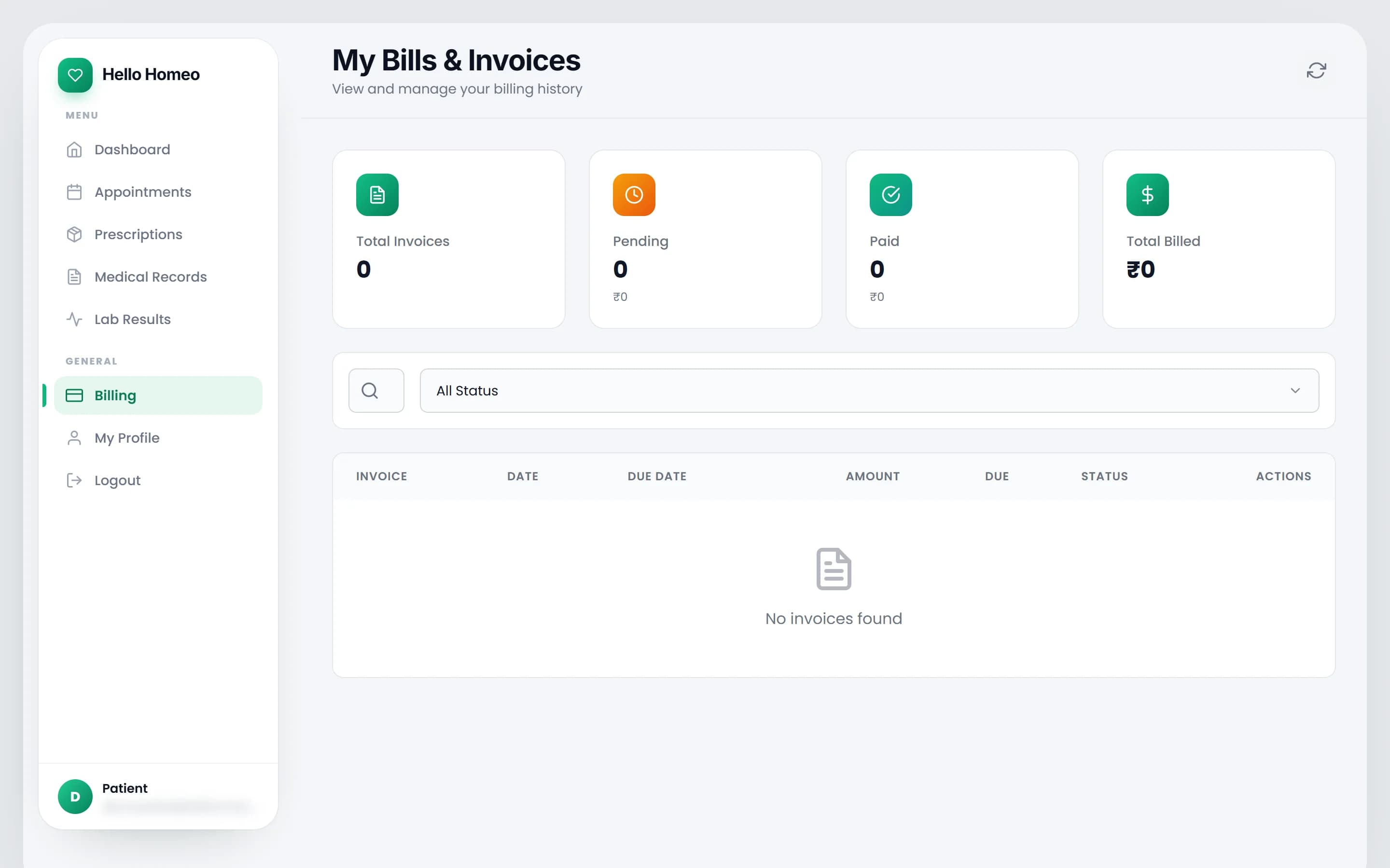 The patient billing page showing invoice totals and the invoice list