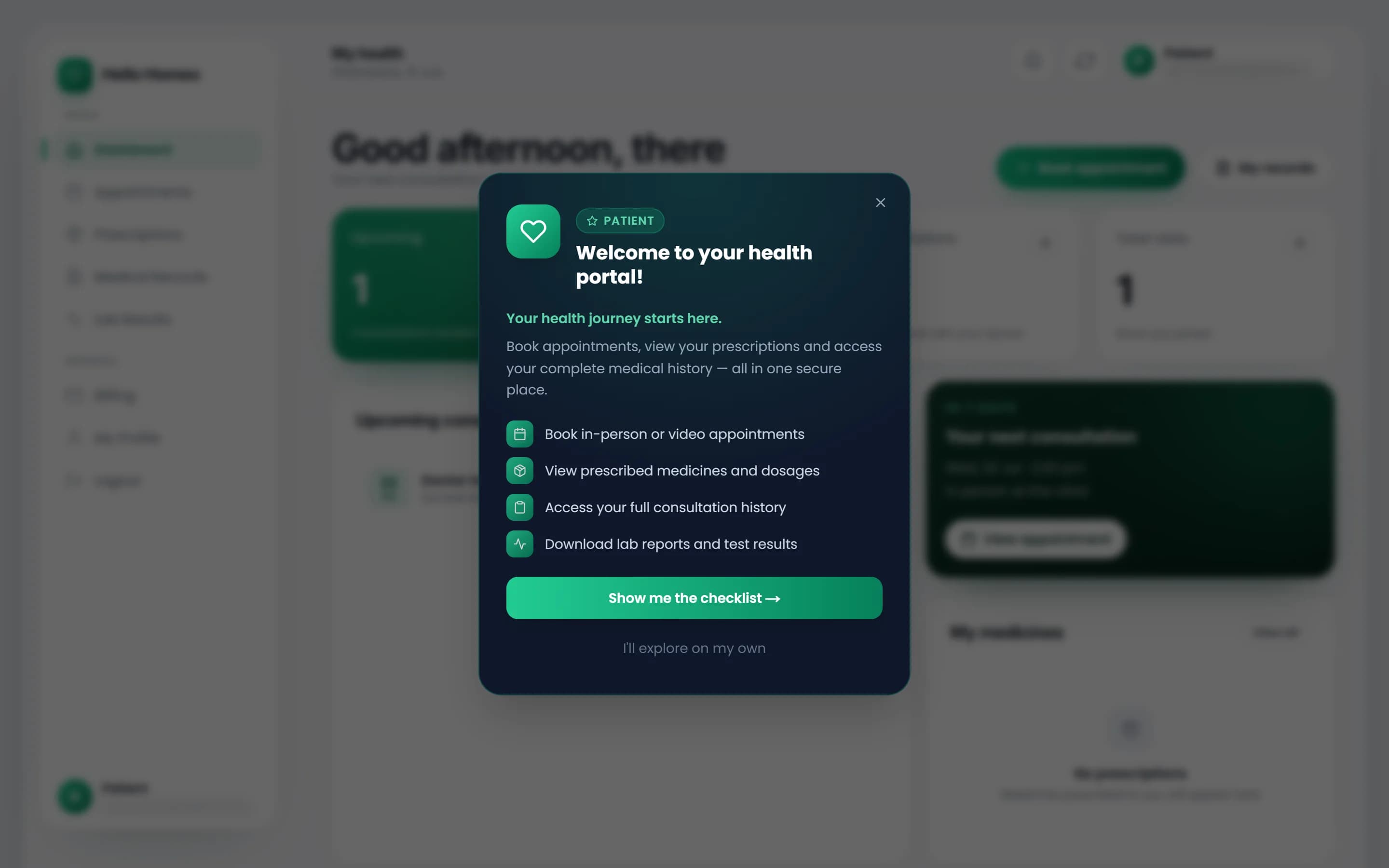 The patient dashboard showing the greeting, four stat cards, the Upcoming consultations panel and the Next visit card