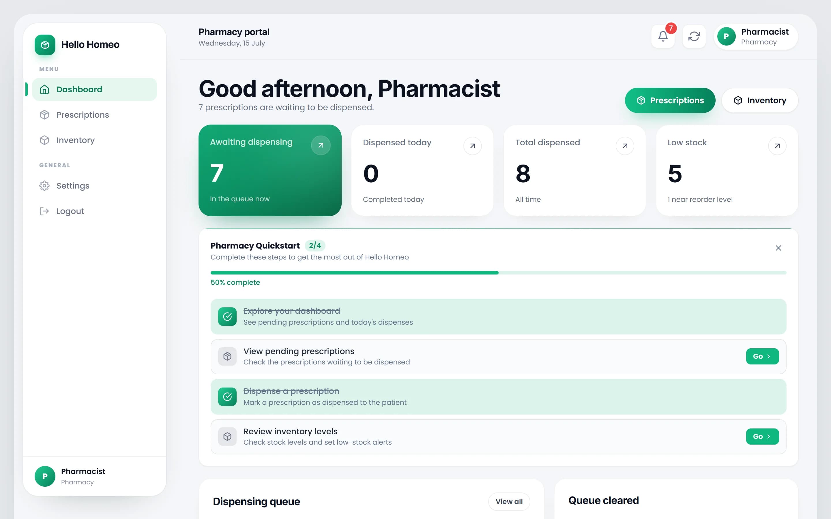 The pharmacy portal dashboard with stat cards, the dispensing queue and the stock health card