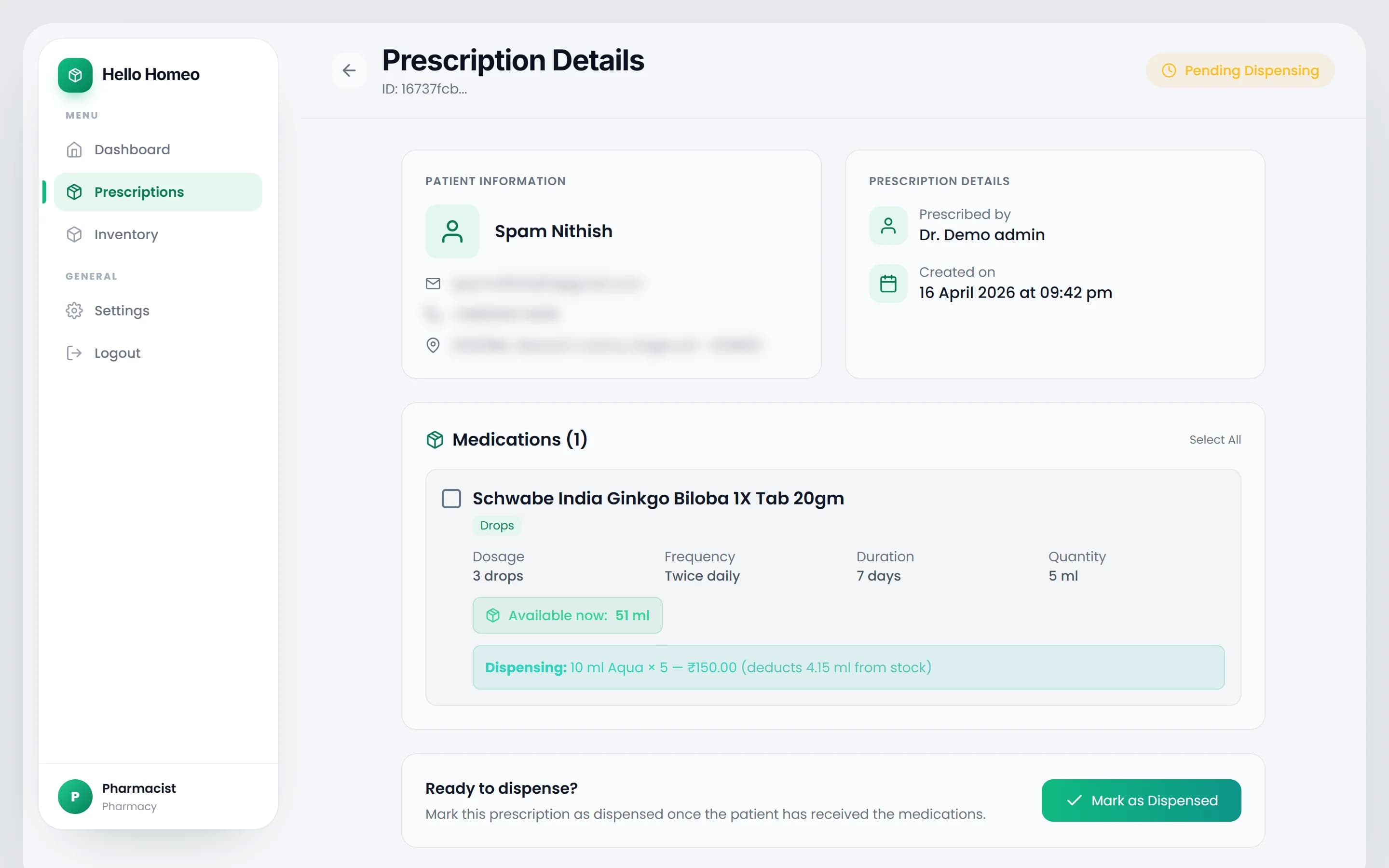 A prescription detail page showing medicine cards, stock chips and the Ready to dispense card