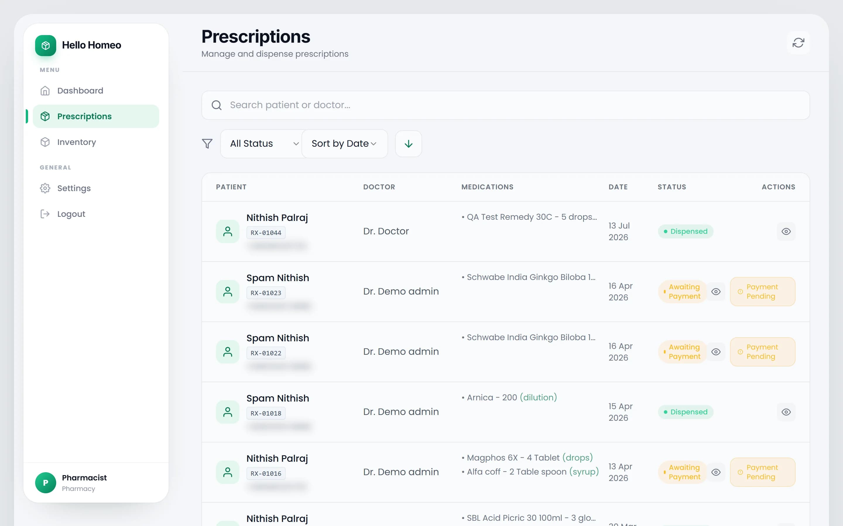 The pharmacist prescriptions list with search, status filter, sort control and status pills