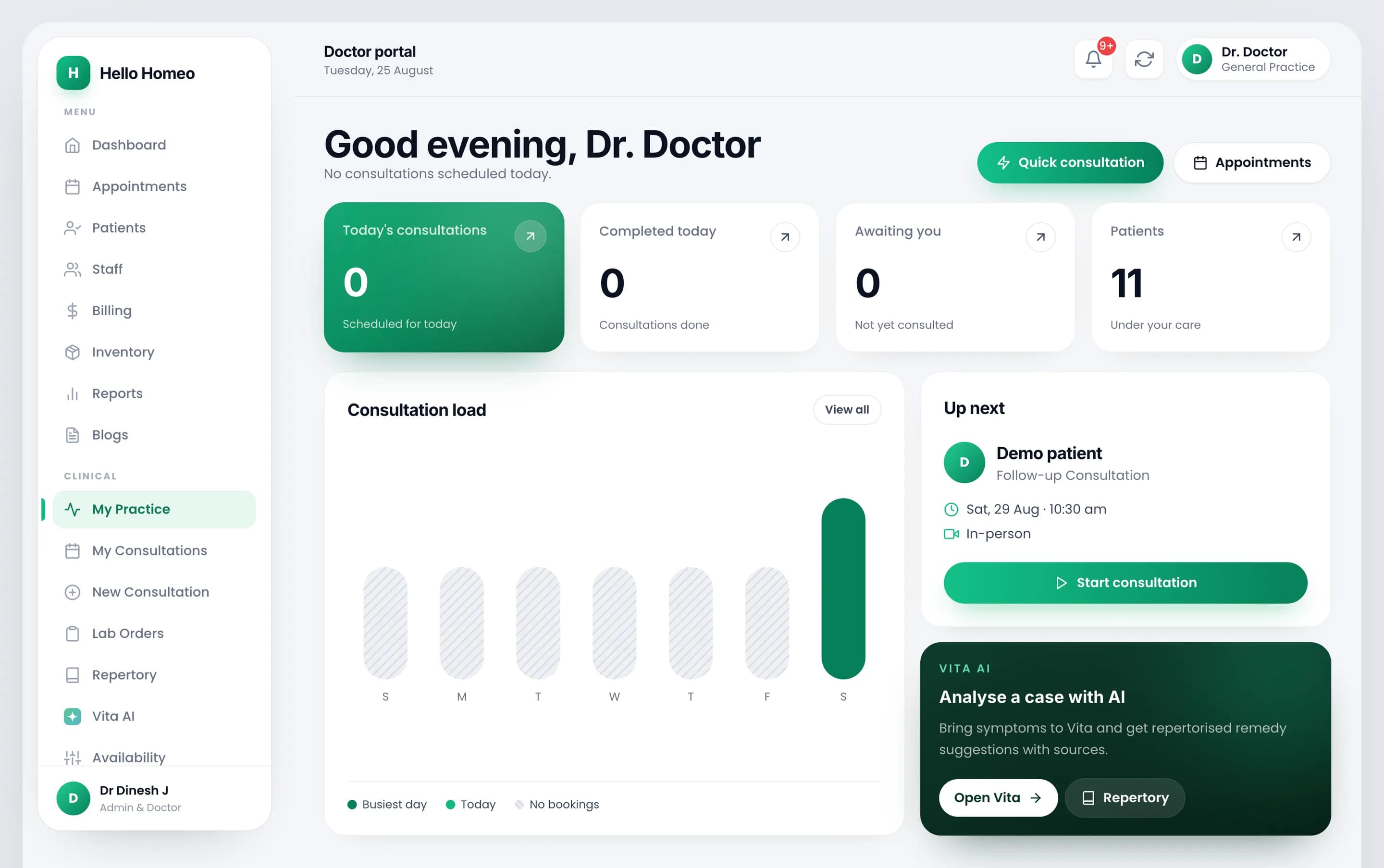 HelloHomeo doctor portal dashboard, showing today's consultations, the weekly consultation load and the next patient up